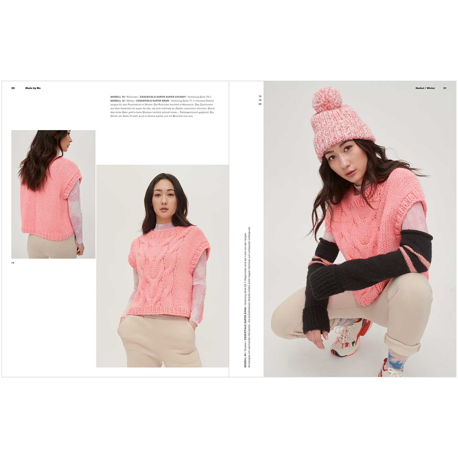Made by Me Handknitting Nr.15 Herbst-Winter zeigt ein Modell in rosa Strickmode von Rico Design, bestehend aus einem ärmellosen Pullover und passender Mütze.