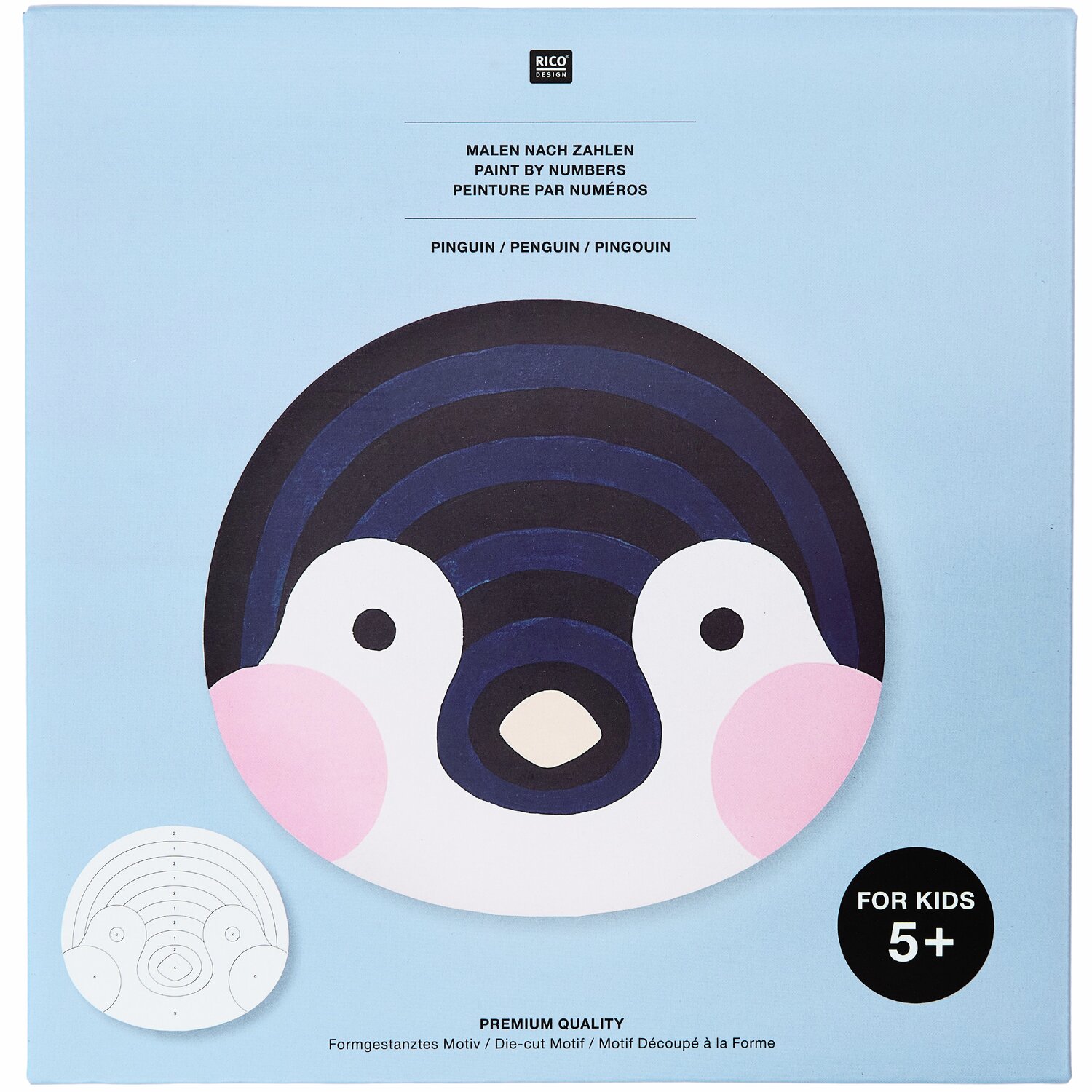 Malen nach Zahlen Pinguin von Rico Design: Ein Pinguin-Gesicht auf blauem Hintergrund, geeignet für Kinder ab 5 Jahren.
