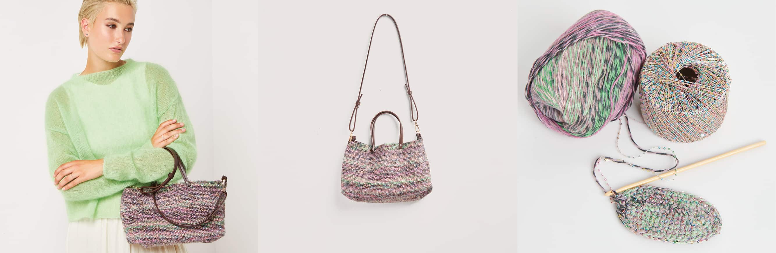 Gehäkelte Tasche Modell 23 aus Made by Me No. 20 getragen am Model und auf einem Bügel. Daneben Wollknäuel in bunt und Häkelstück.