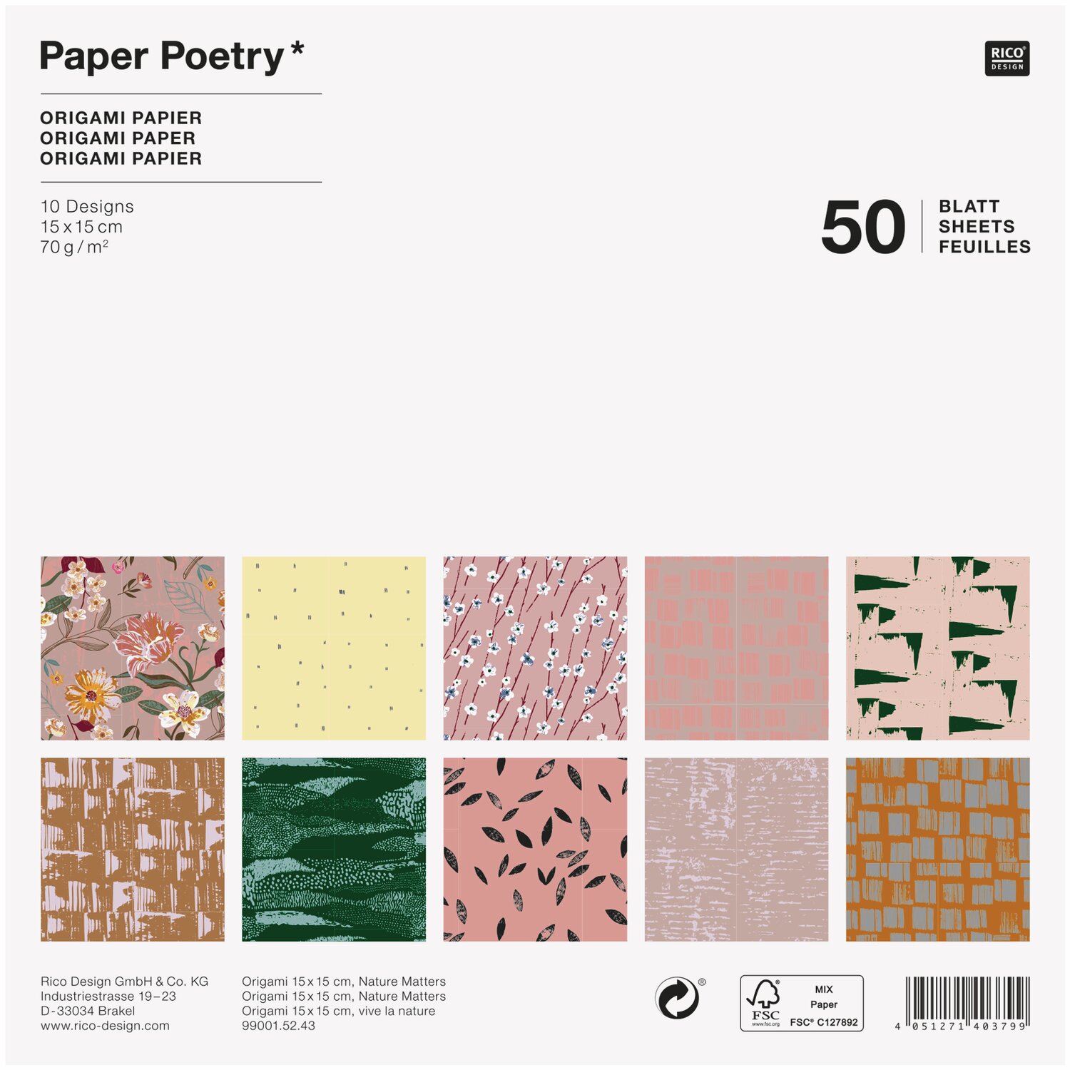 Paper Poetry Origami Nature Matters 15x15cm 50 Blatt, 10 Designs, pastellfarbene Muster.