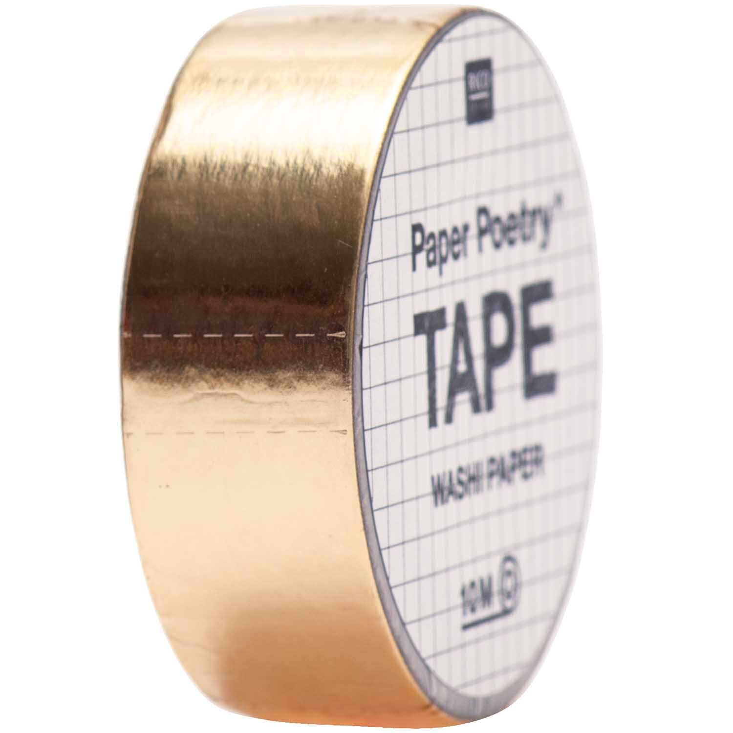 Paper Poetry Tape Metallic 15mm 10m von Rico Design in Gold, seitlich abgebildet auf schwarzem Hintergrund.