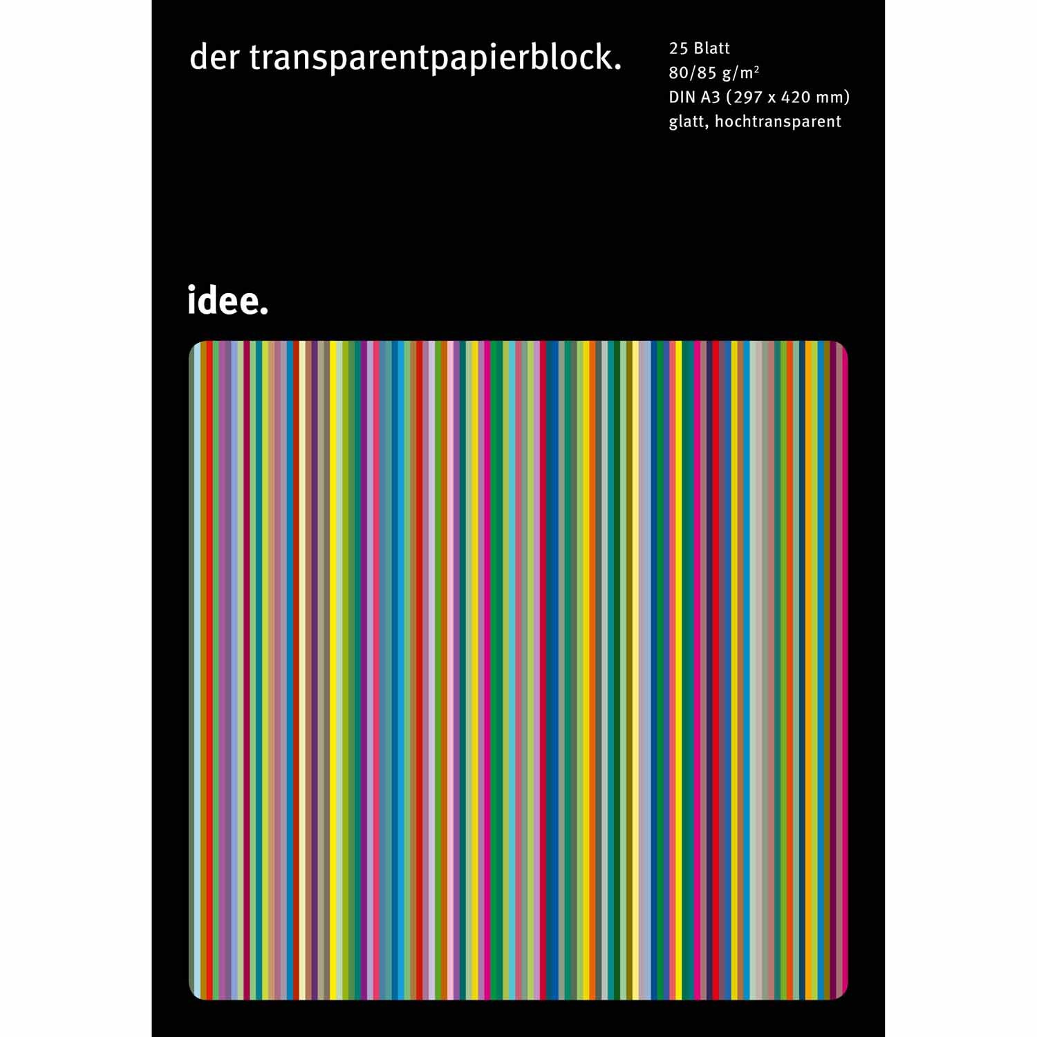 Transparentpapier A3 80-85g/m² 25 Blatt, bunte vertikale Streifen auf schwarzem Hintergrund, glatt und hochtransparent.