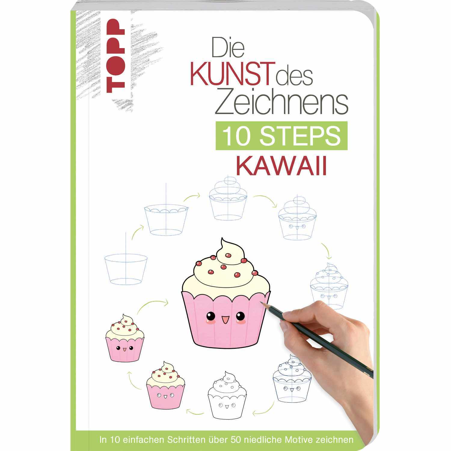 Die Kunst des Zeichnens - 10 Steps - Kawaii: Anleitung zum Zeichnen niedlicher Cupcakes in zehn Schritten, mit rosa Akzenten.
