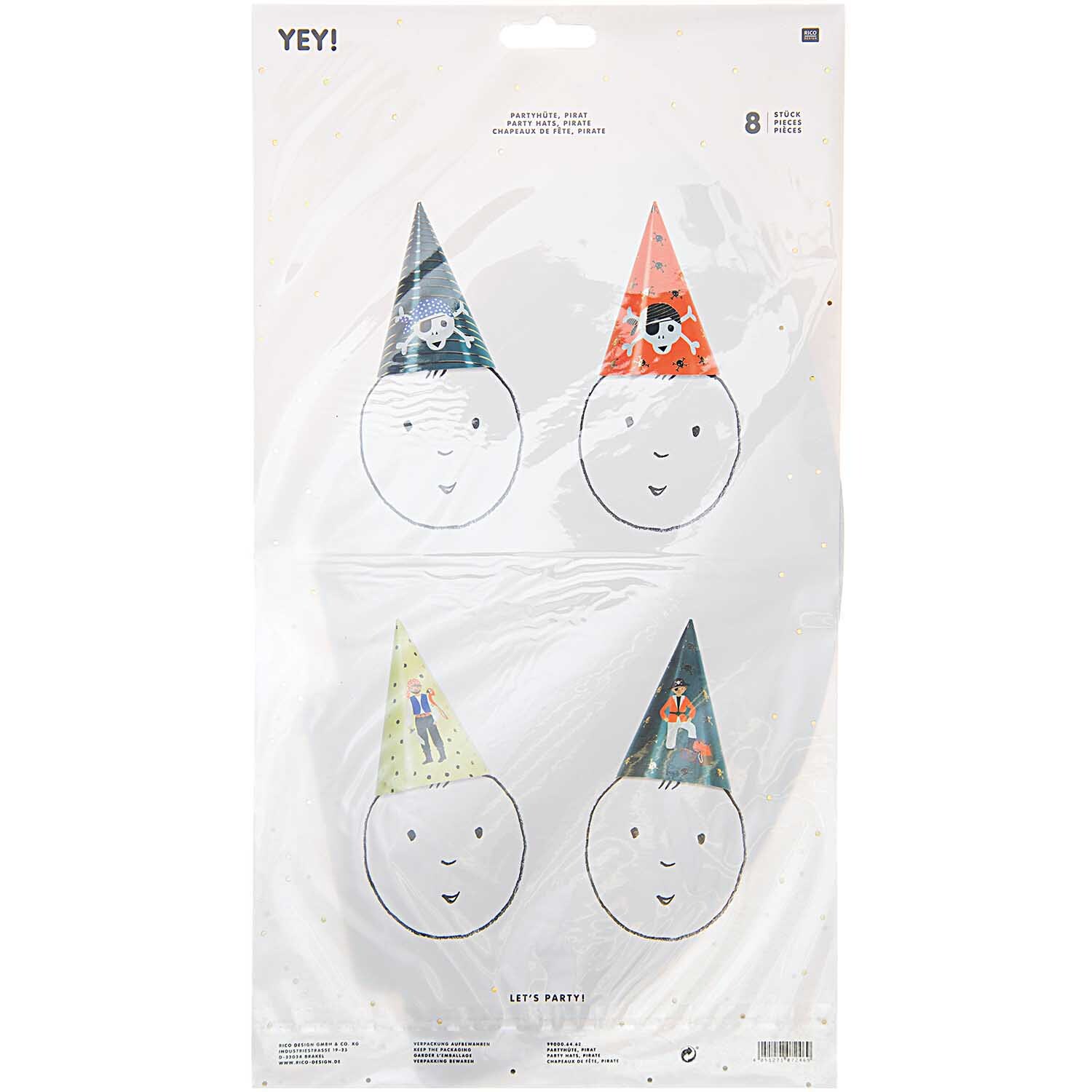 Partyhüte Pirat 20cm 8 Stück: Vier bunte Partyhüte mit Piratenmotiven von Rico Design auf weißem Hintergrund.