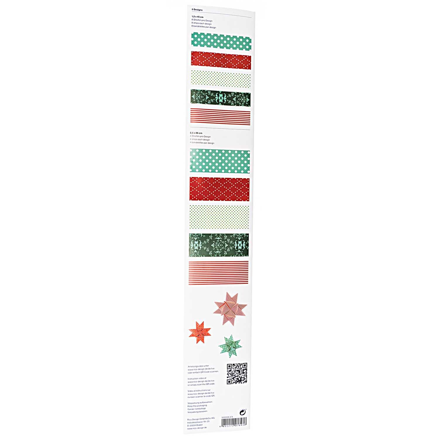Paper Poetry Fröbelstreifen Christmas Mix 60 Stück von Rico Design zeigt bunte Streifen in Rot, Grün und Weiß mit verschiedenen Mustern für kreative Bastelprojekte.