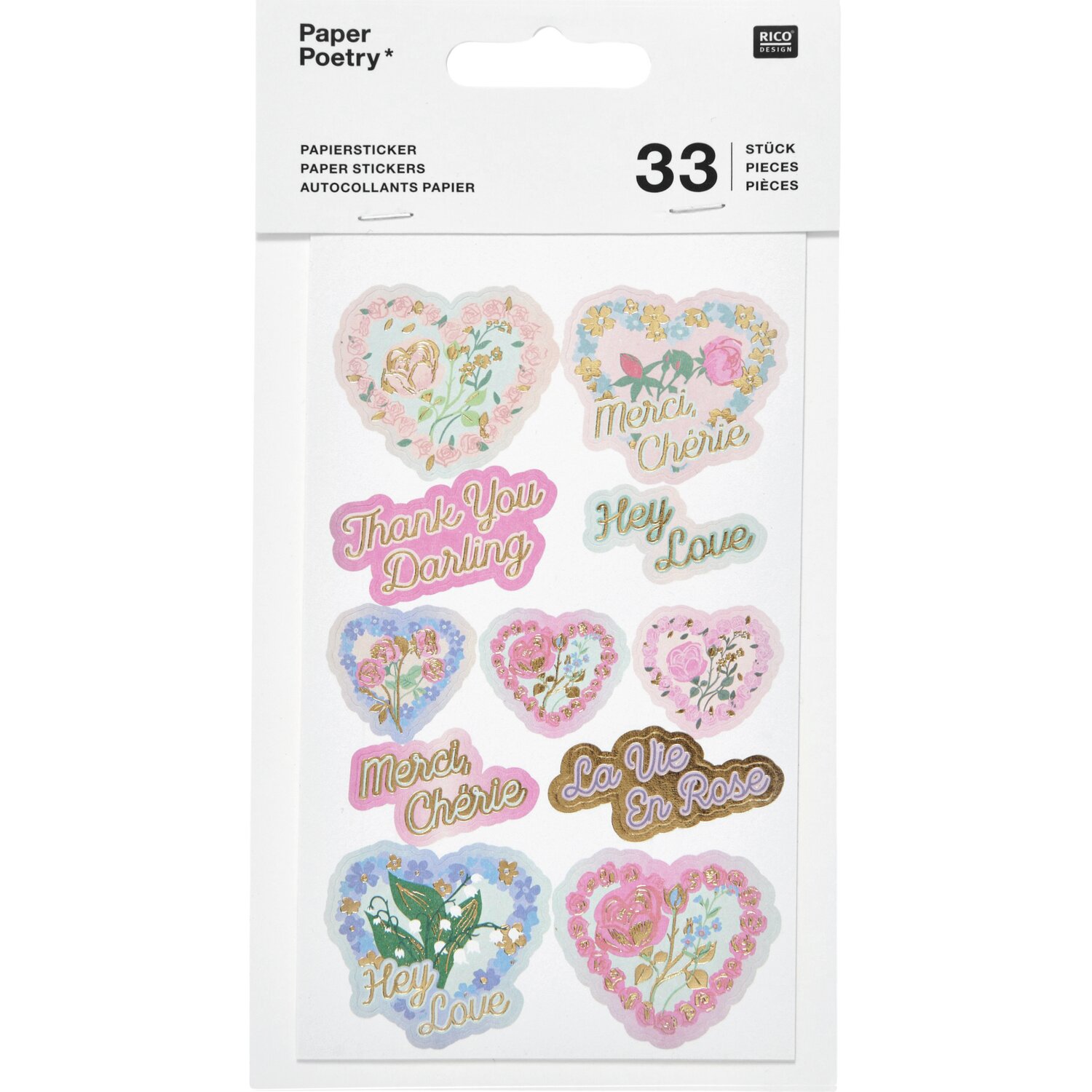 Paper Poetry Papiersticker La Vie en Rose: Herzförmige Sticker mit floralen Designs und Schriftzügen.