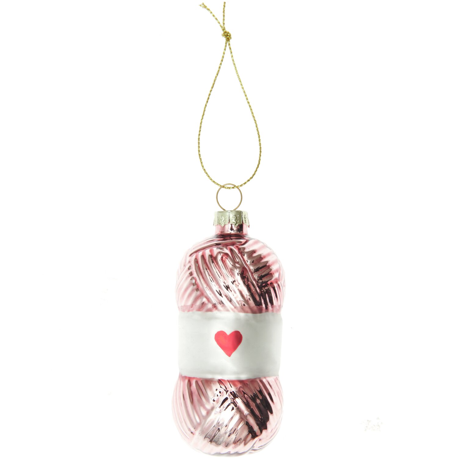 Glaskugel Wollknäuel in Altrosa von Rico Design, dekorativer Baumschmuck mit Herzmotiv, 9x4x4cm.