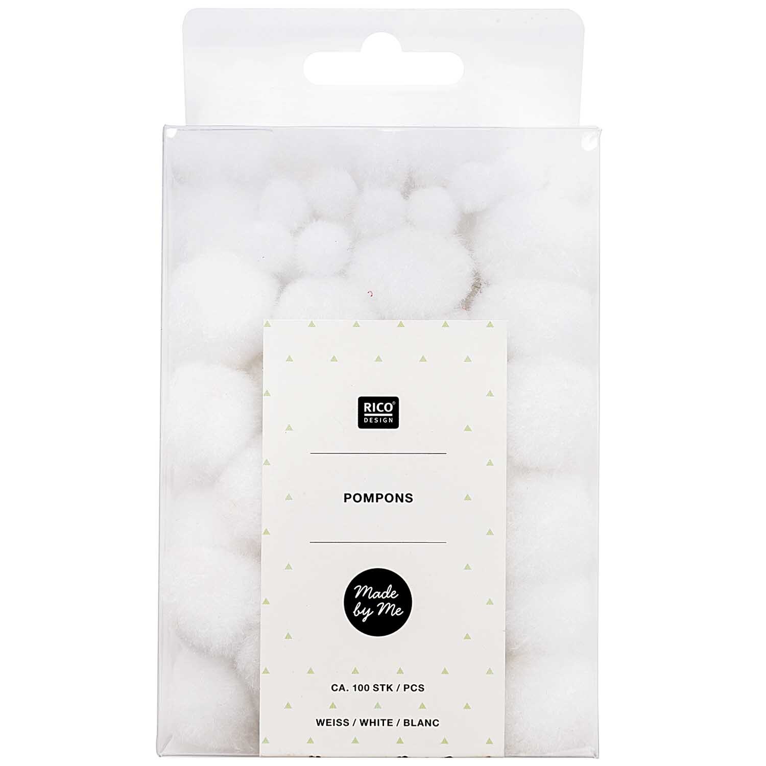 Pompons 8mm 20mm ca. 100 Stück in einer transparenten Verpackung von Rico Design, ideal für Bastelprojekte.