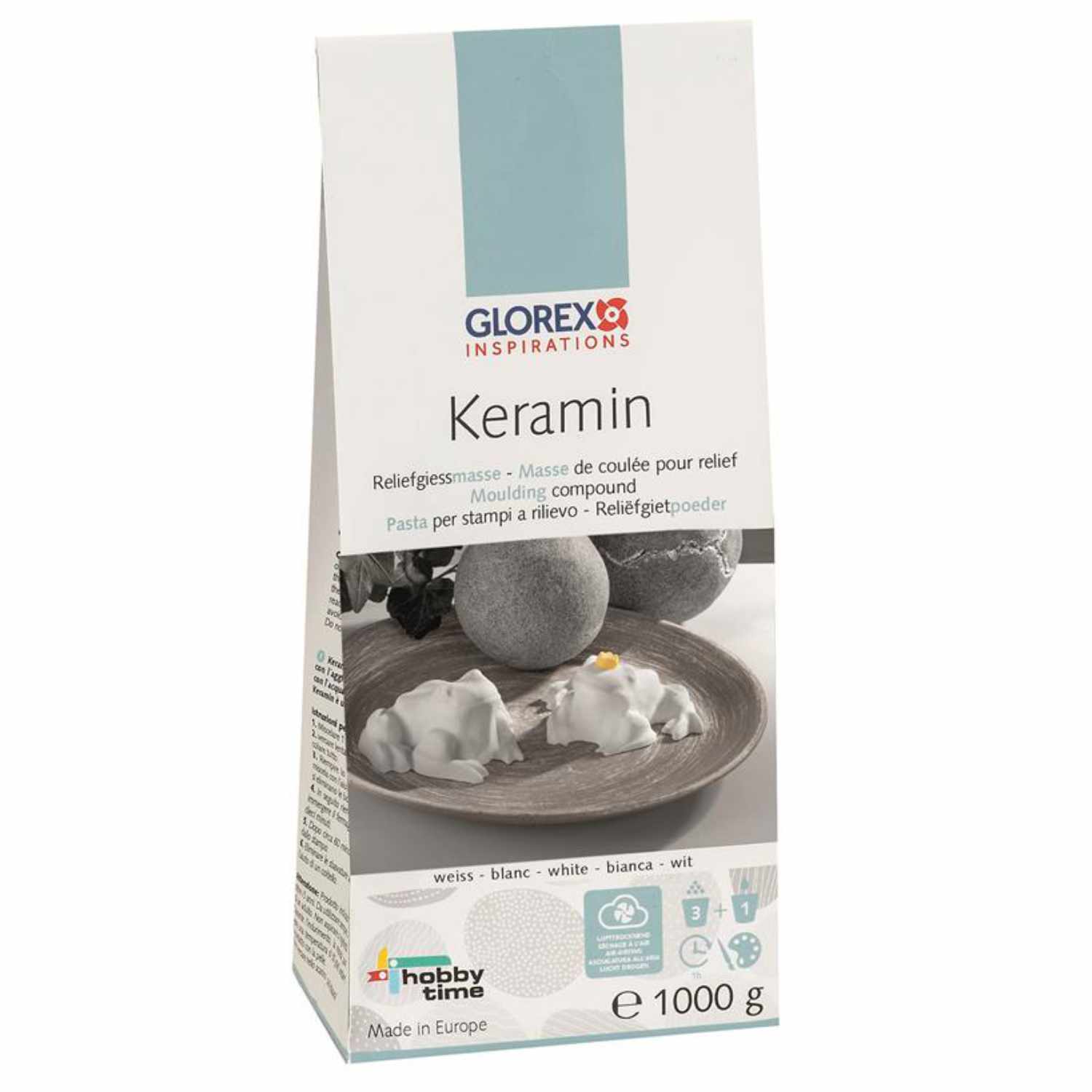 Keramin hellweiß 1000g: Verpackung von Glorex Modelliermasse in Weiß, ideal für kreative Projekte.