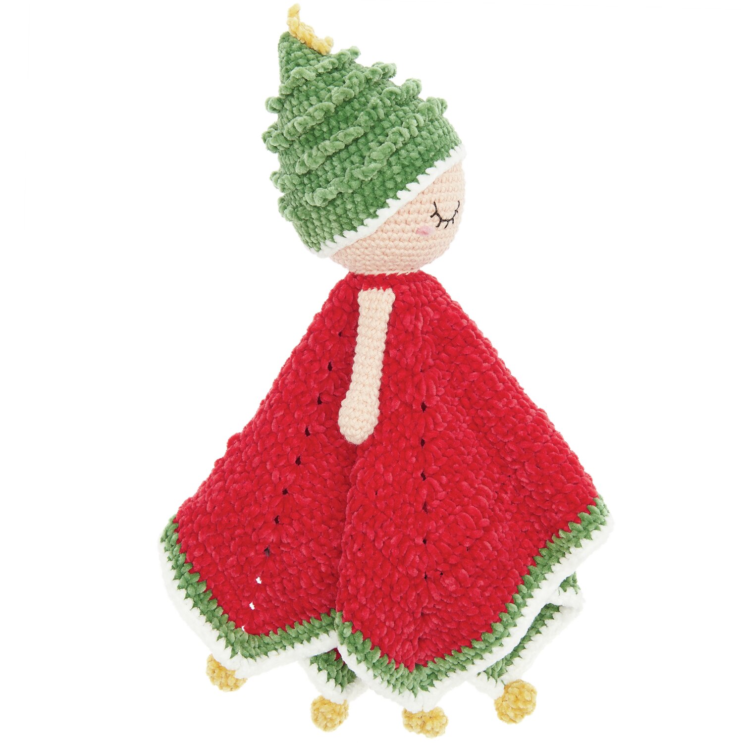 Häkelset Ricorumi Baby Blankies Weihnachtswichtel: Rotes und grünes Häkelspielzeug von Rico Design mit Zipfelmütze.