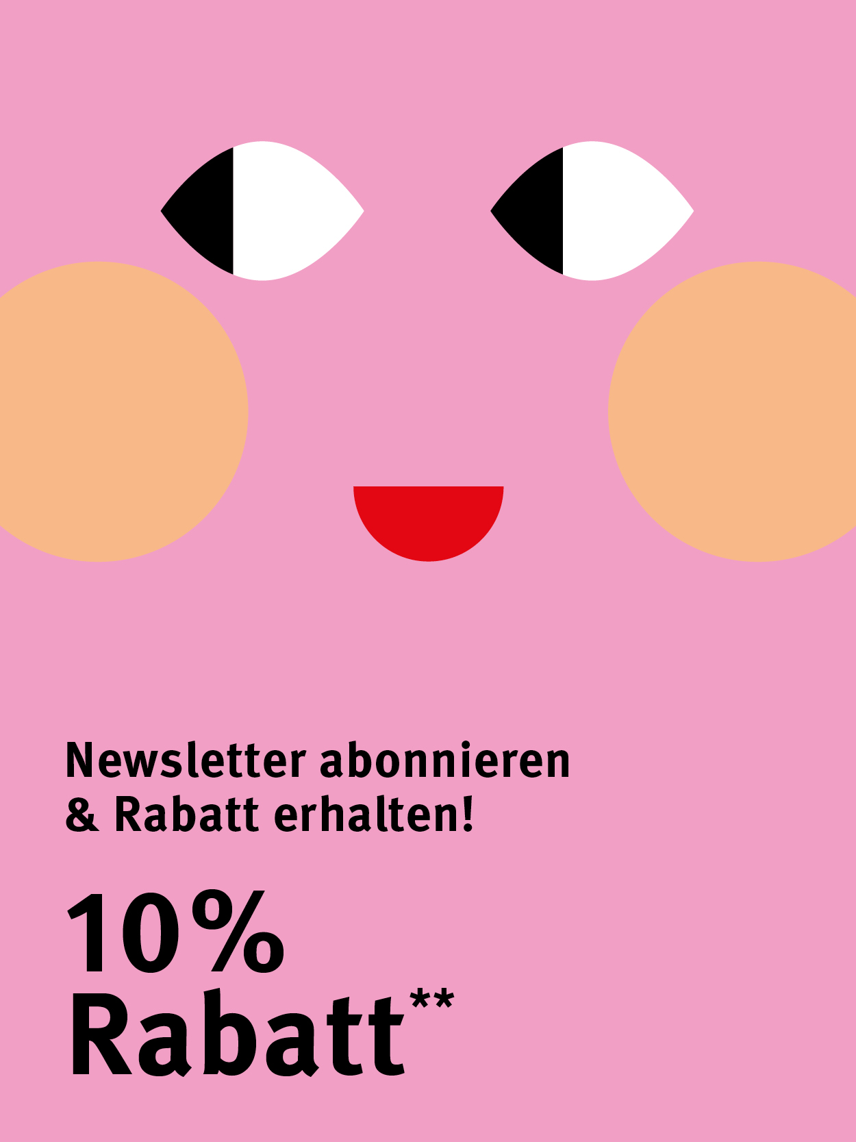 Banner mit grafischem Gesicht bestehend aus Augen, Mund und Wangen, auf pinkem Hintergrund.