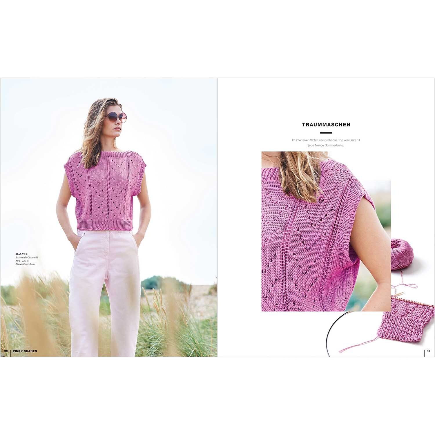 Lovewool Nr.14 Handstrickmagazin Frühjahr-Sommer zeigt ein Modell in rosa Stricktop von Rico Design, ideal für warme Tage.