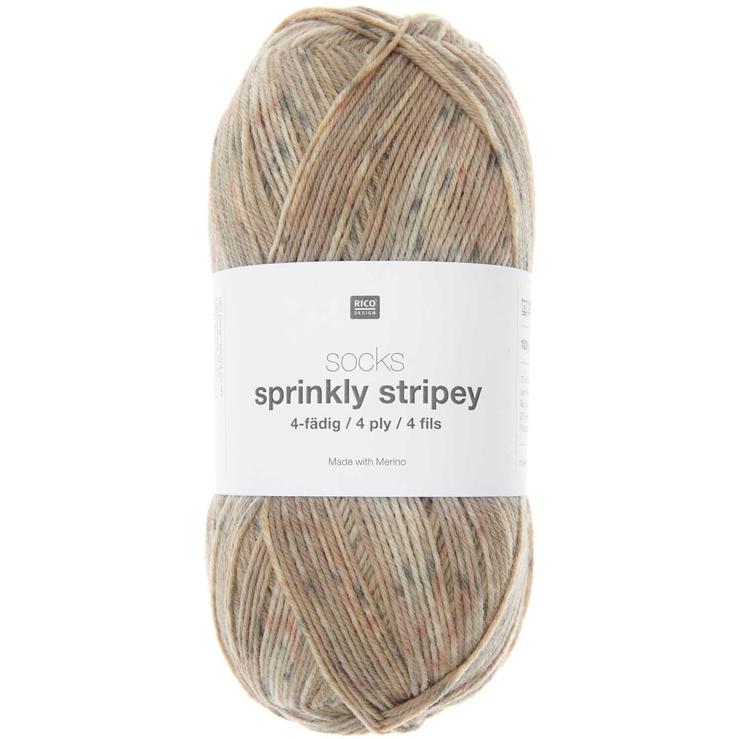 Socks Sprinkly Striply 4-fädig Wolle in Beige von Rico Design, 100g Knäuel, ideal für Strickprojekte.