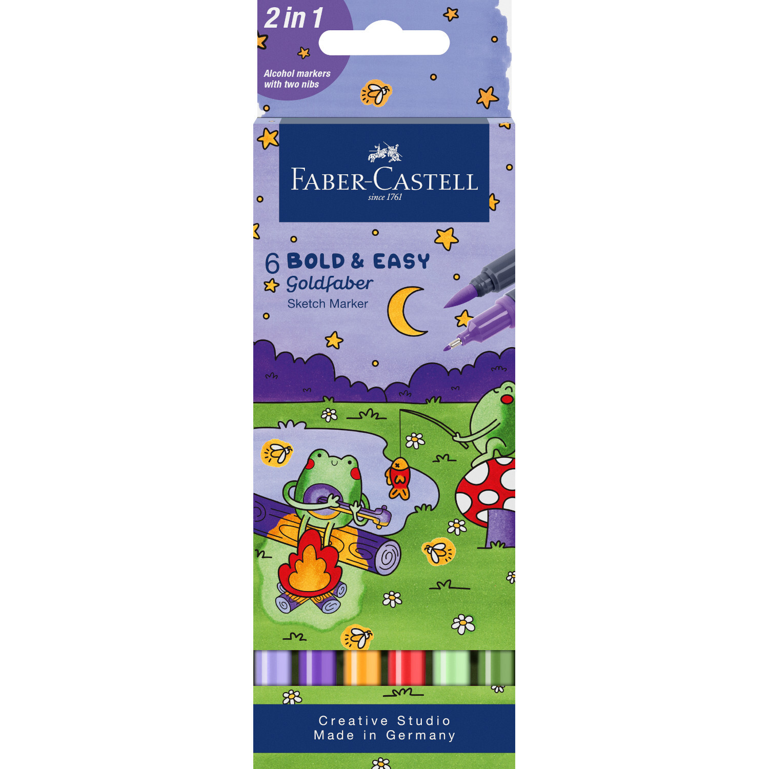 Goldfaber Sketch Marker Bold Easy Set 6 Stück, Faber Castell, bunte Marker in lila Verpackung mit Froschmotiv und Lagerfeuer.