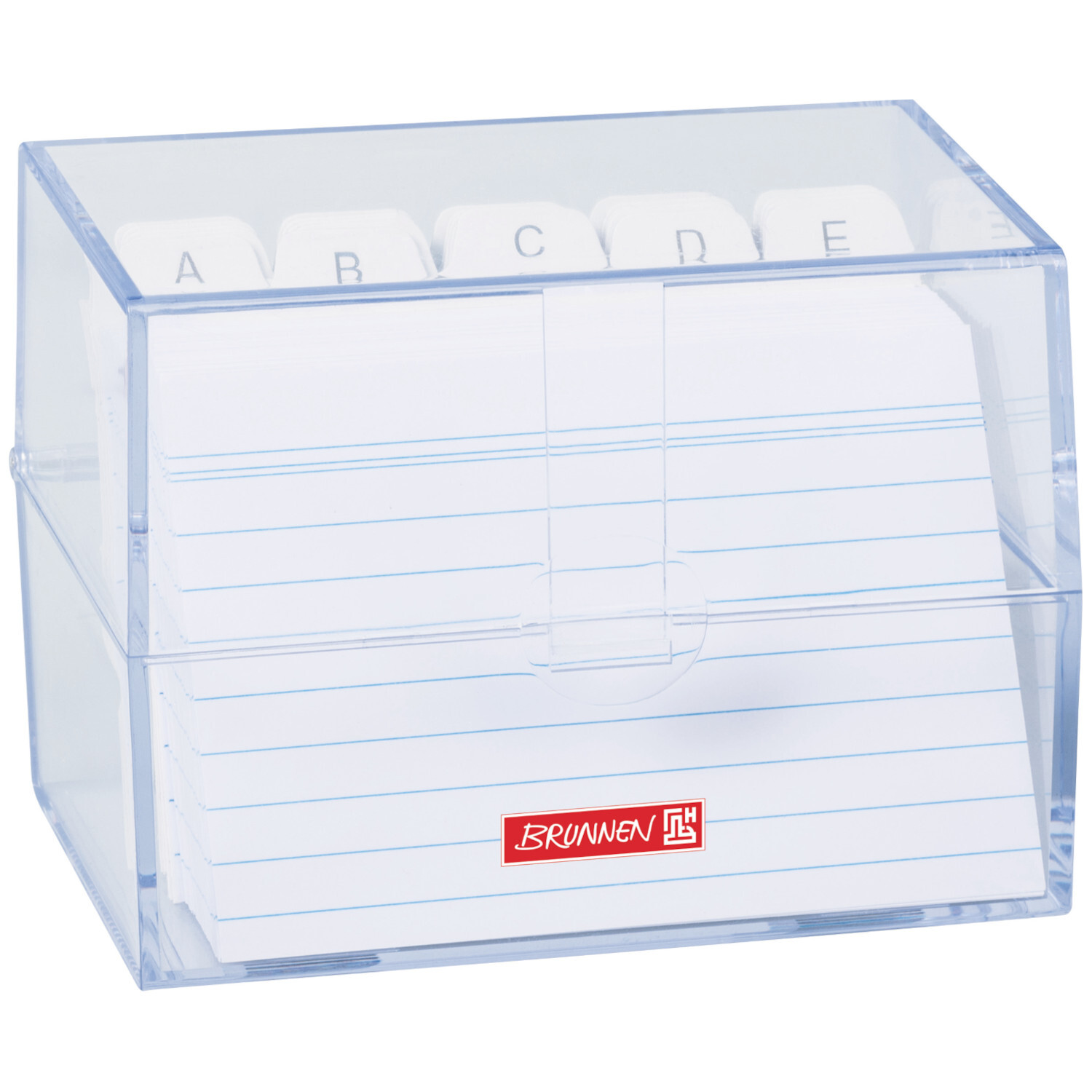 Karteibox A7 inkl. Karteikarten transparent von Brunnen, zeigt eine durchsichtige Box mit Registerkarten.