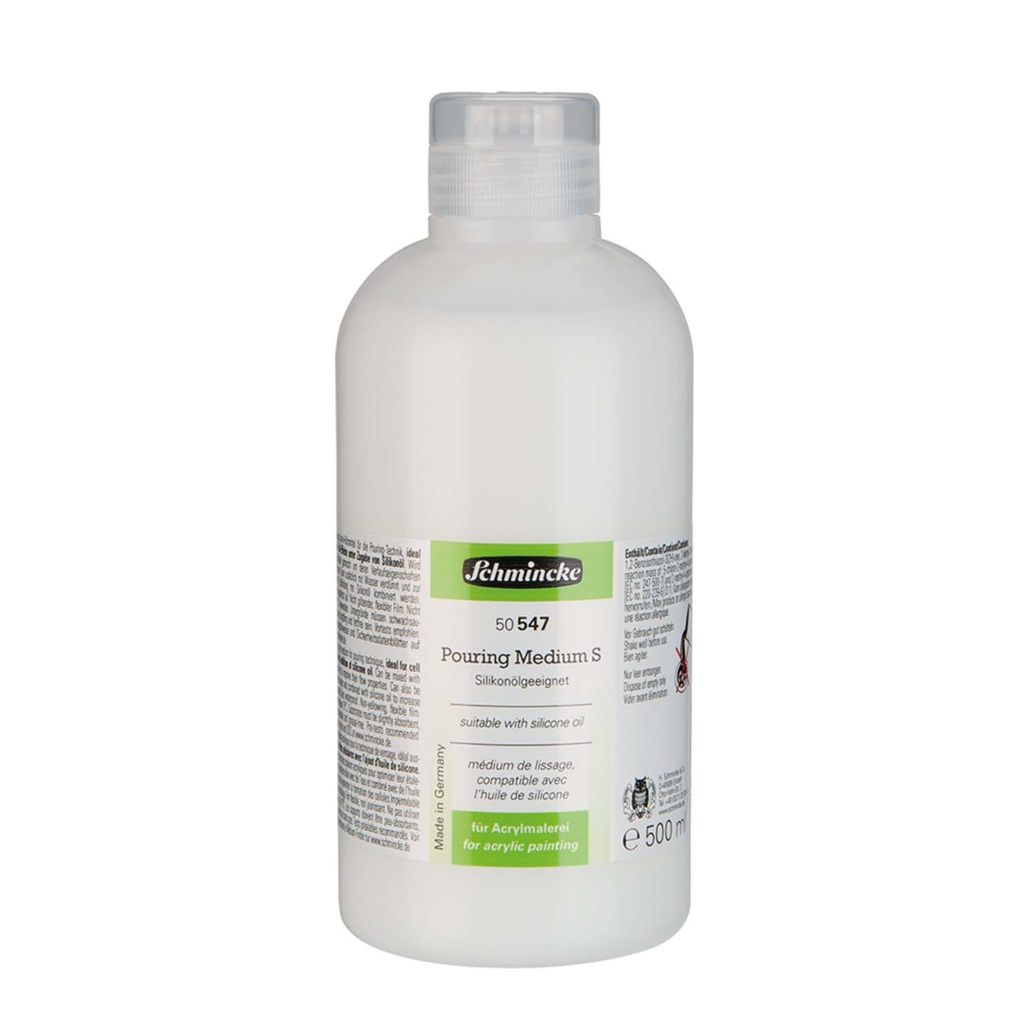 Pouring Medium silikonölgeeignet 500ml von Schmincke, transparente Flasche mit Etikett, ideal für Acrylfarben.