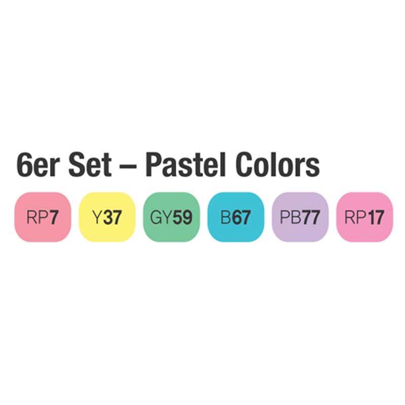 Twin Brush Marker Pastel Colors 6er Set zeigt sechs Marker in sanften Pastelltönen, ideal für kreative Projekte.