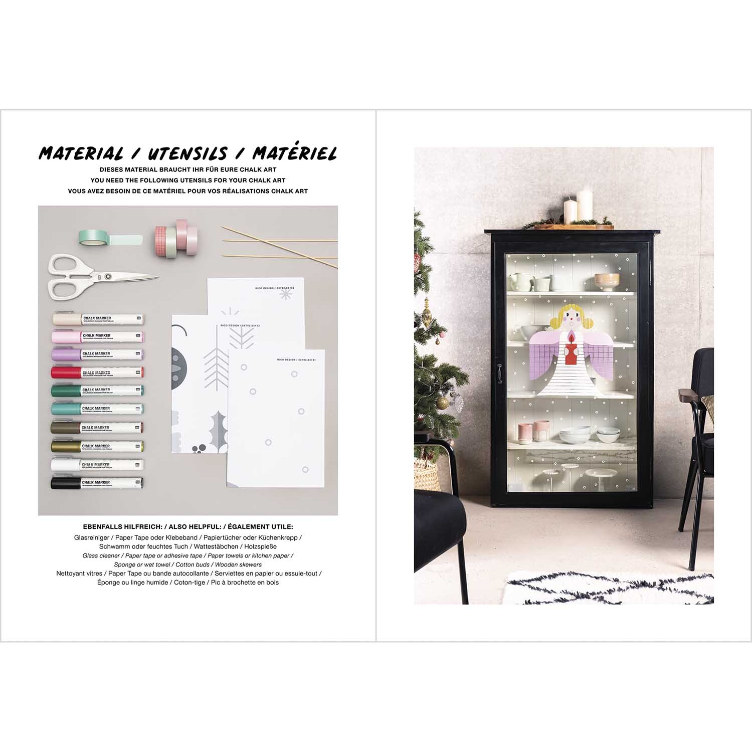 Vorlagenmappe Christmas is in the Air: Set mit Kreidestiften und Schablonen für Fensterdekoration. Enthält bunte Stifte und Anleitungen von Rico Design.