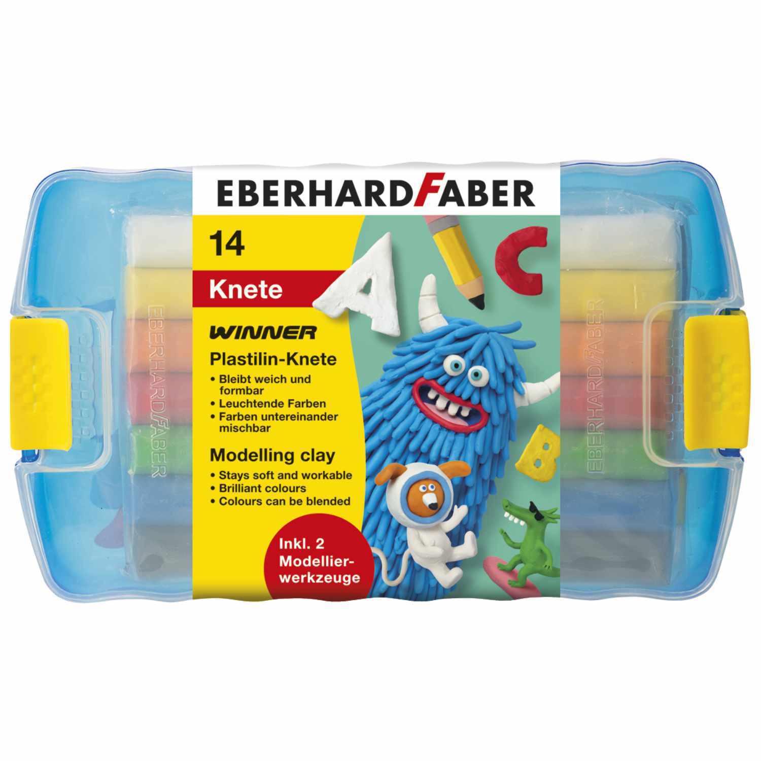 Plastilin-Knete Winner 14er Box von Eberhard Faber in bunter Verpackung mit Modellierwerkzeugen.