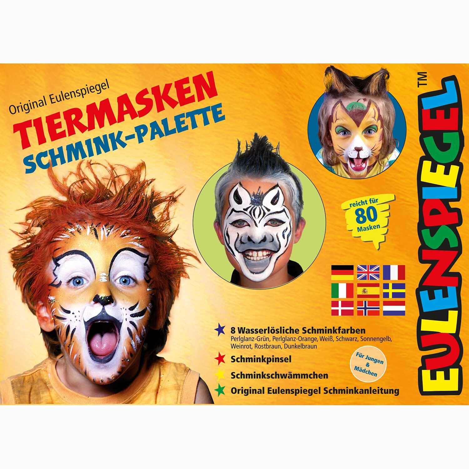 Schminkpalette Tiermasken zeigt Kinder mit Tiergesichtsbemalung, Eulenspiegel-Logo, mehrfarbig.