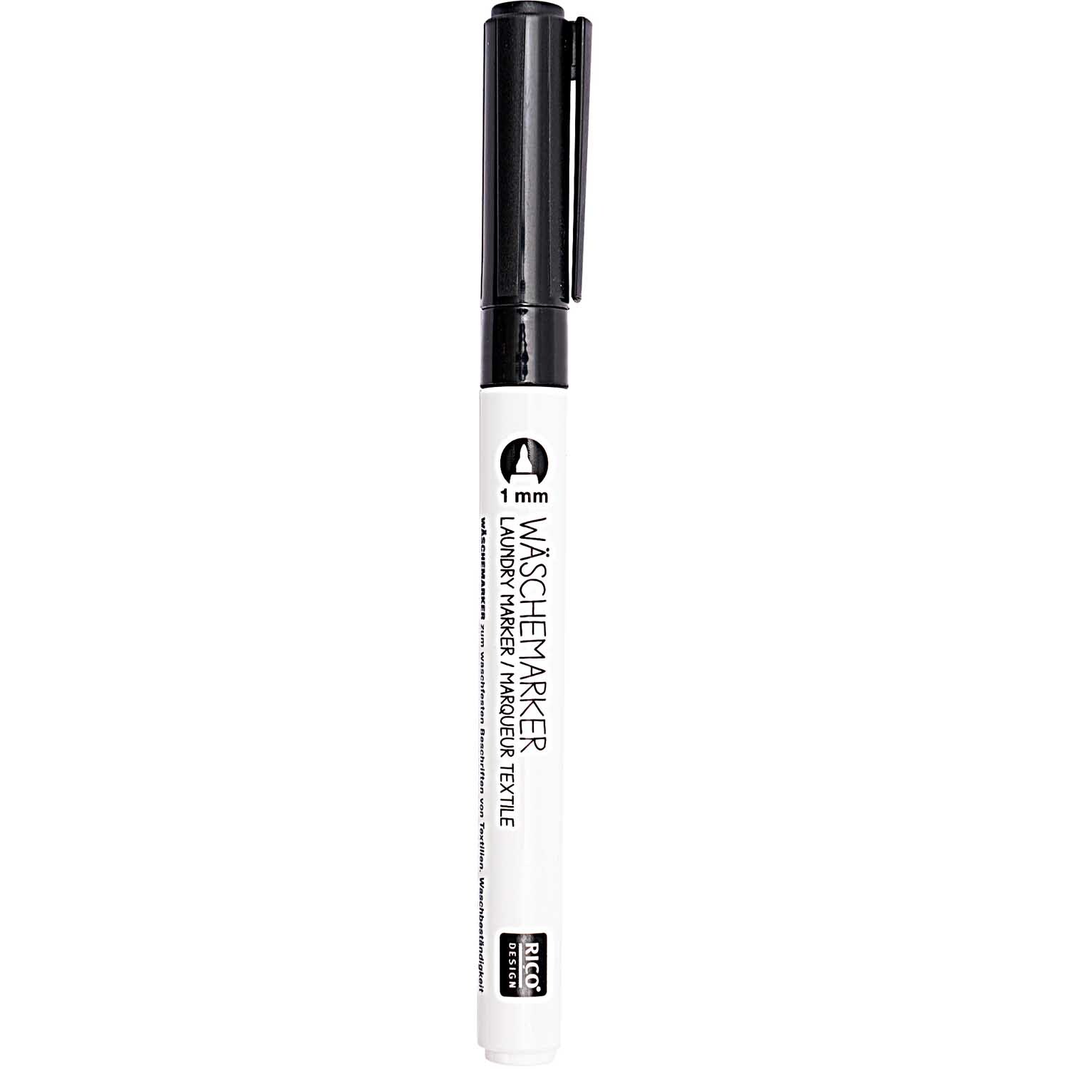 Wäschemarker schwarz 1mm von Rico Design, ideal zum Beschriften von Textilien, mit feiner Spitze.