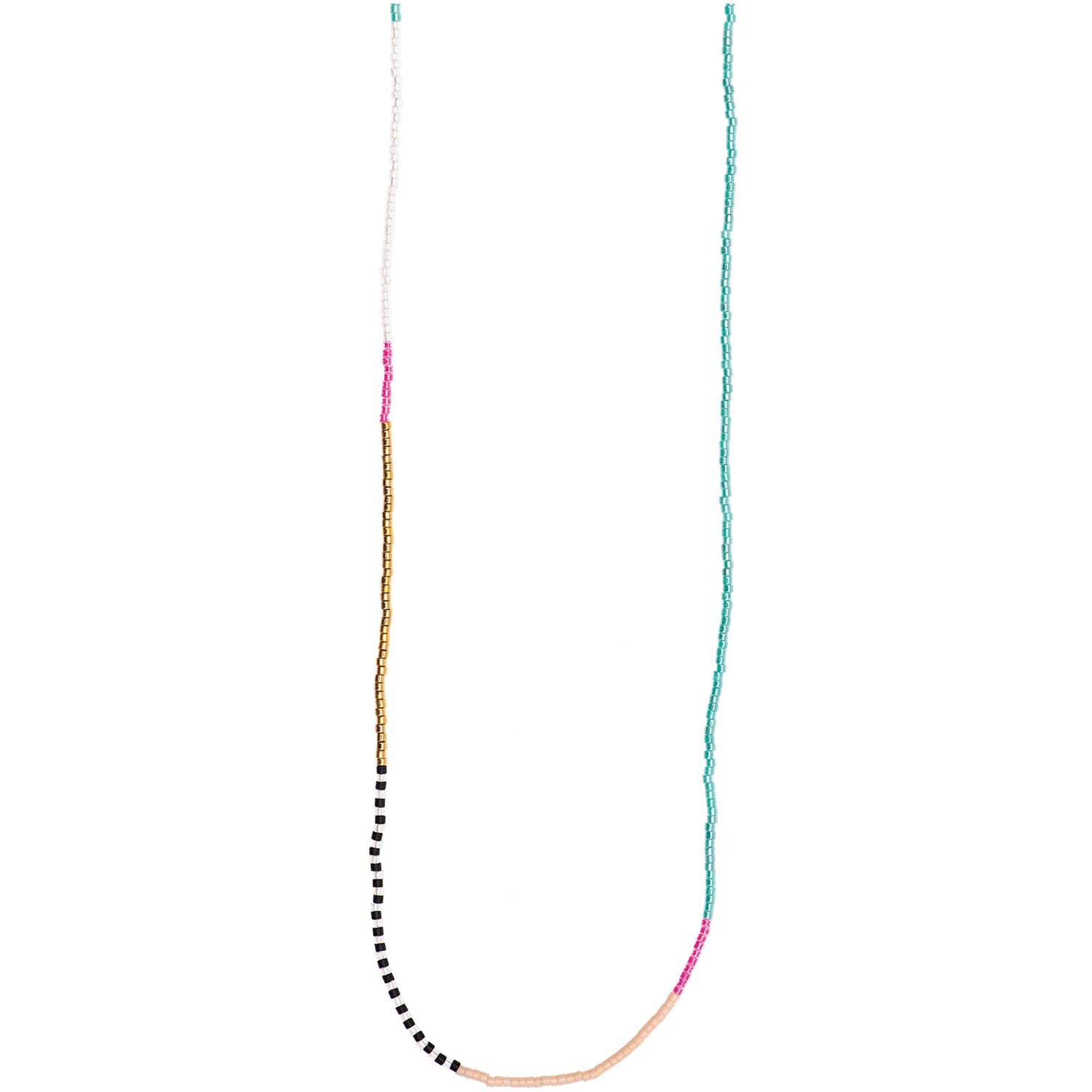 Mix it Up - Jewellery Kette Itoshii Beads gold 65cm: Bunte Perlenkette von Rico Design in Gold, Rosa, Blau und Schwarz auf weißem Hintergrund.