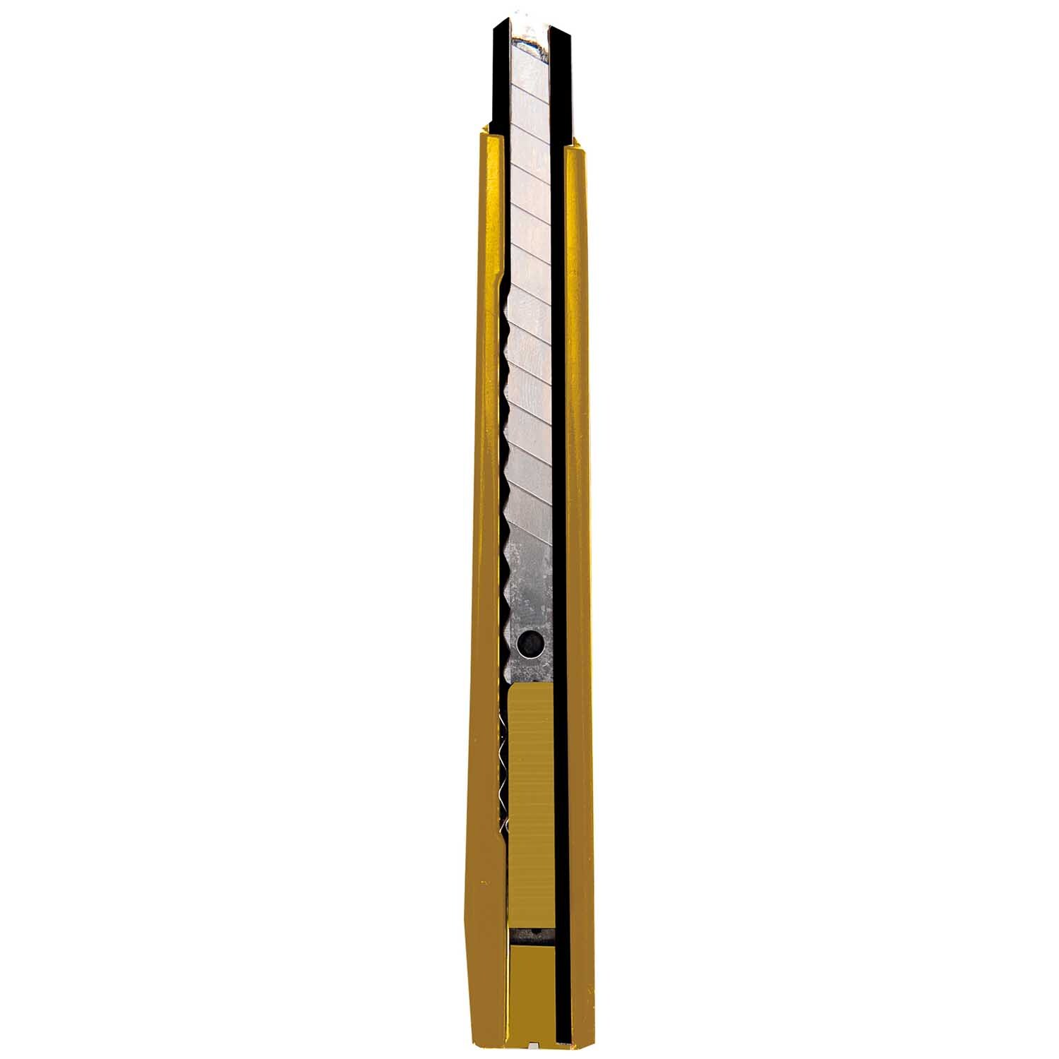 Cuttermesser 9mm mit Kunststoffführung von Rico Design, gelb, mit scharfer Klinge und ergonomischem Griff. Ideal für präzises Schneiden.