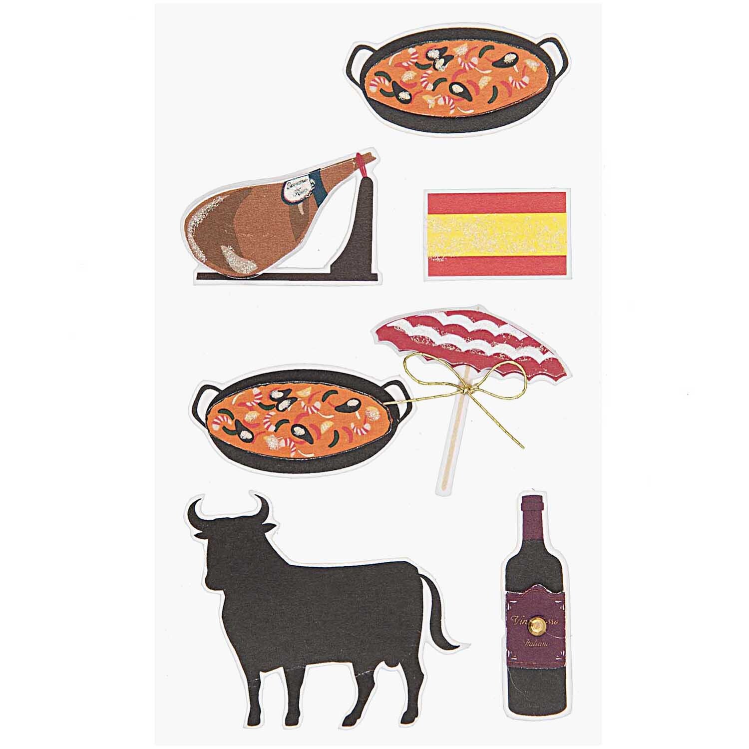 Paper Poetry 3D Sticker Spanien zeigt spanische Symbole wie Paella, Schinken, Flagge, Stier und Weinflasche. Ideal für kreative Projekte.