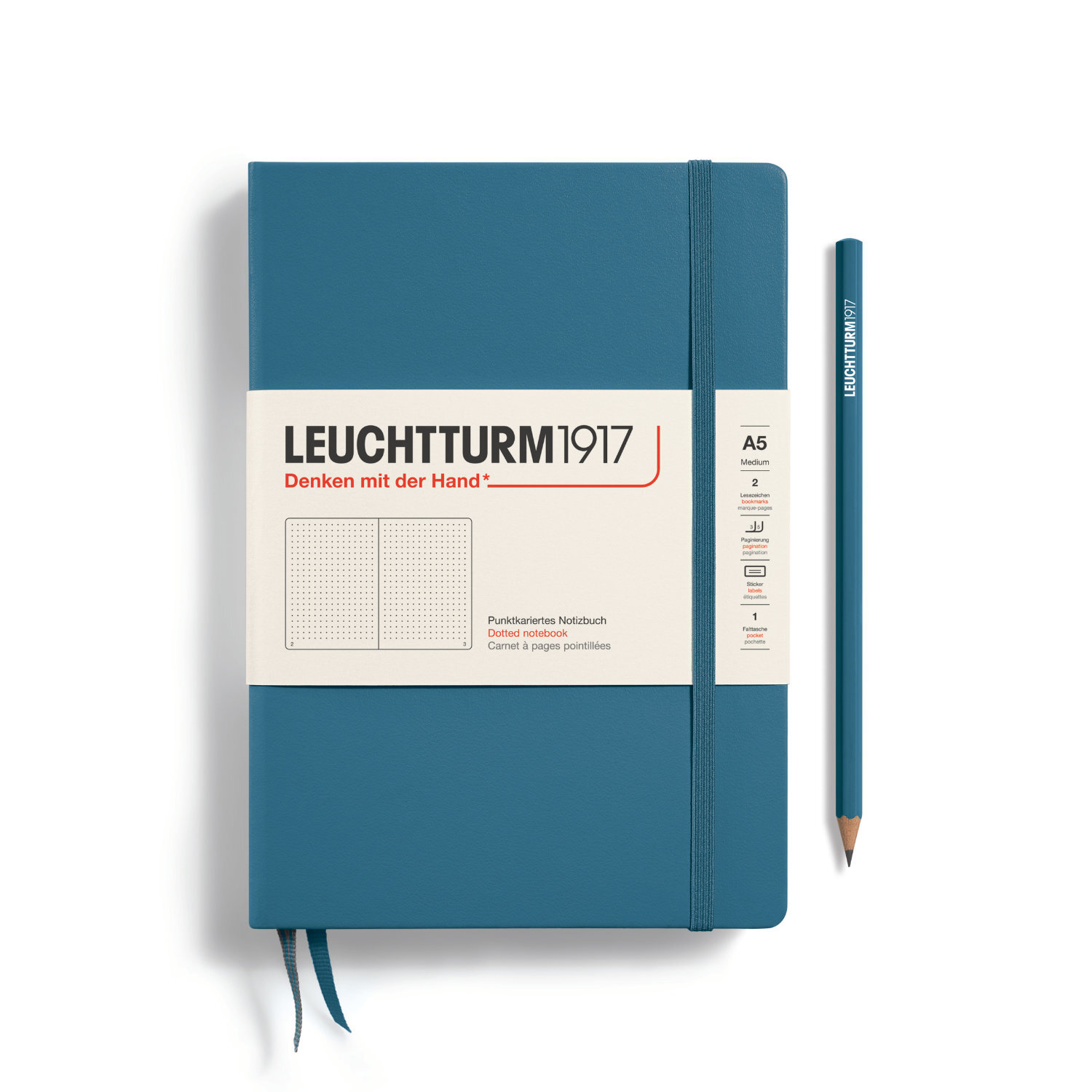 Notizbuch Medium dotted Hardcover A5 in Stone Blue von LEUCHTTURM1917, abgebildet mit passendem Stift. Ideal für Notizen und Skizzen.