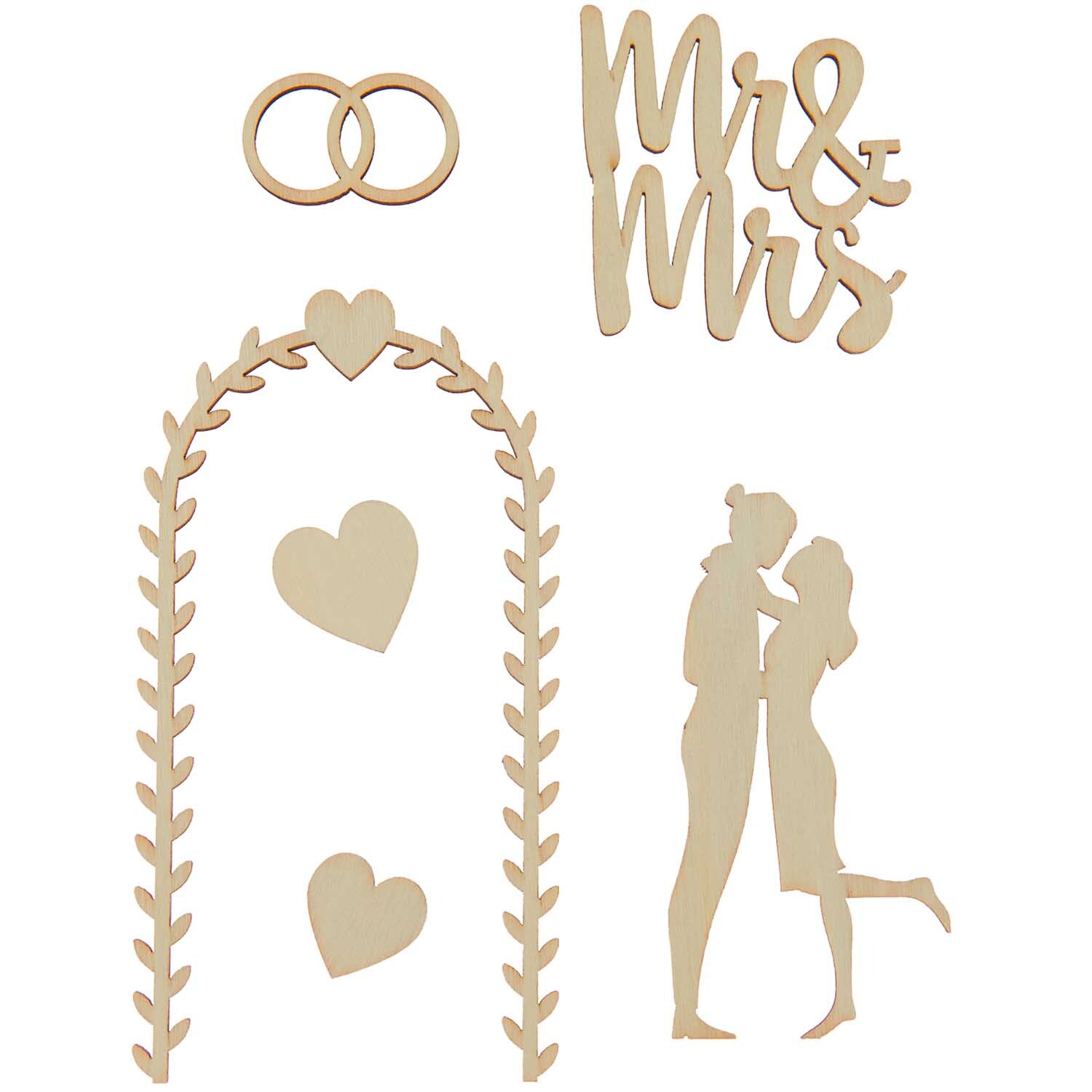 Holzdeko Set Hochzeit für L-Dekohaube: Sechs naturfarbene Holzfiguren, darunter Herzen, ein Paar und "Mr & Mrs" Schriftzug. Ideal für Hochzeitsdekorationen.