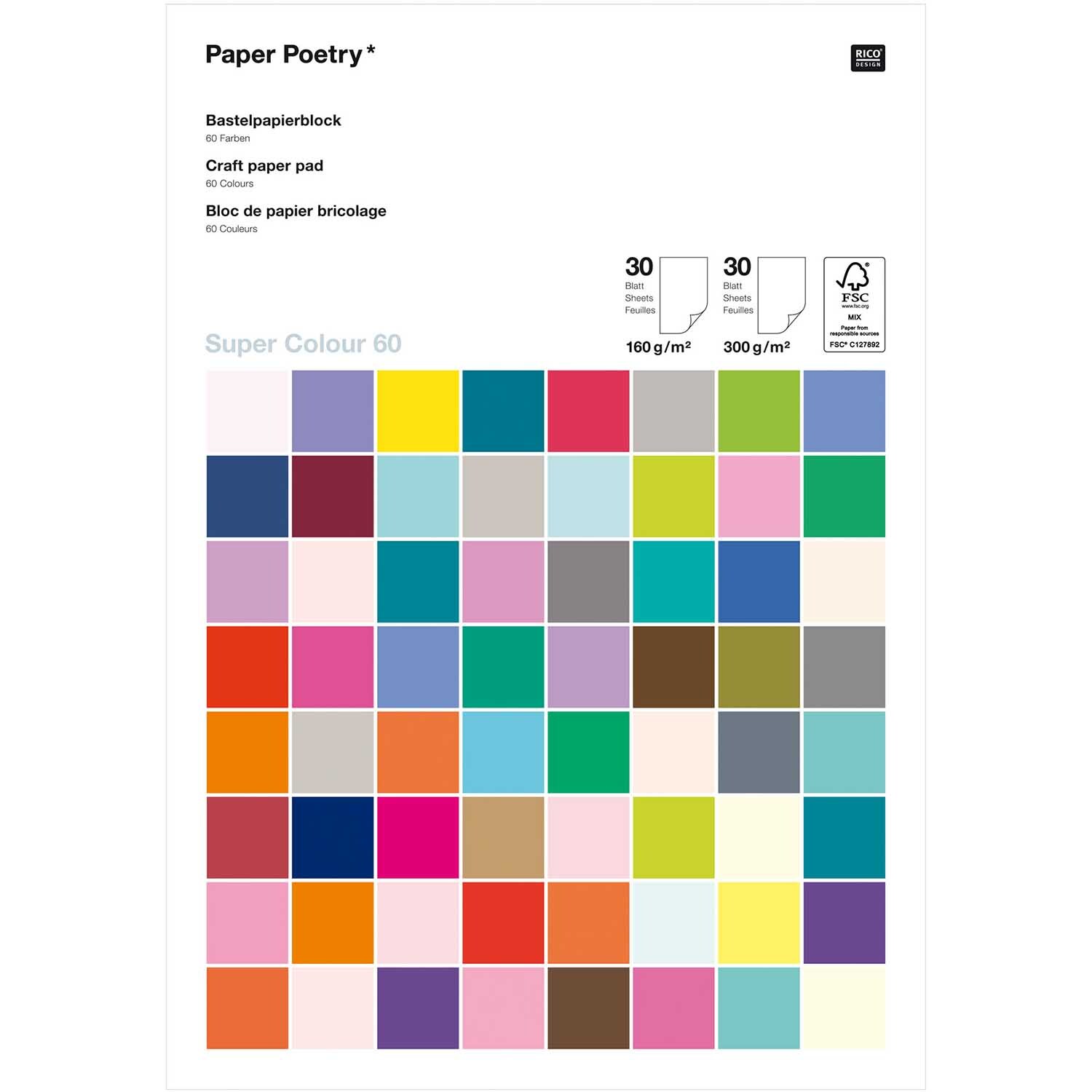 Paper Poetry Bastelblock mit 60 farbigen Blättern von Rico Design, ideal für kreative Projekte.