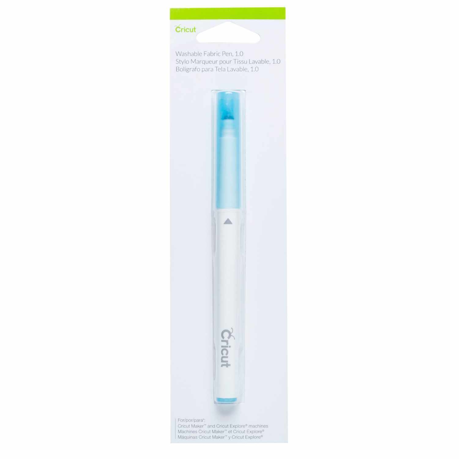 Stoffmalstift 1.0 von Cricut in Blau, ideal zum Zeichnen auf Stoffen, verpackt in einer transparenten Hülle.