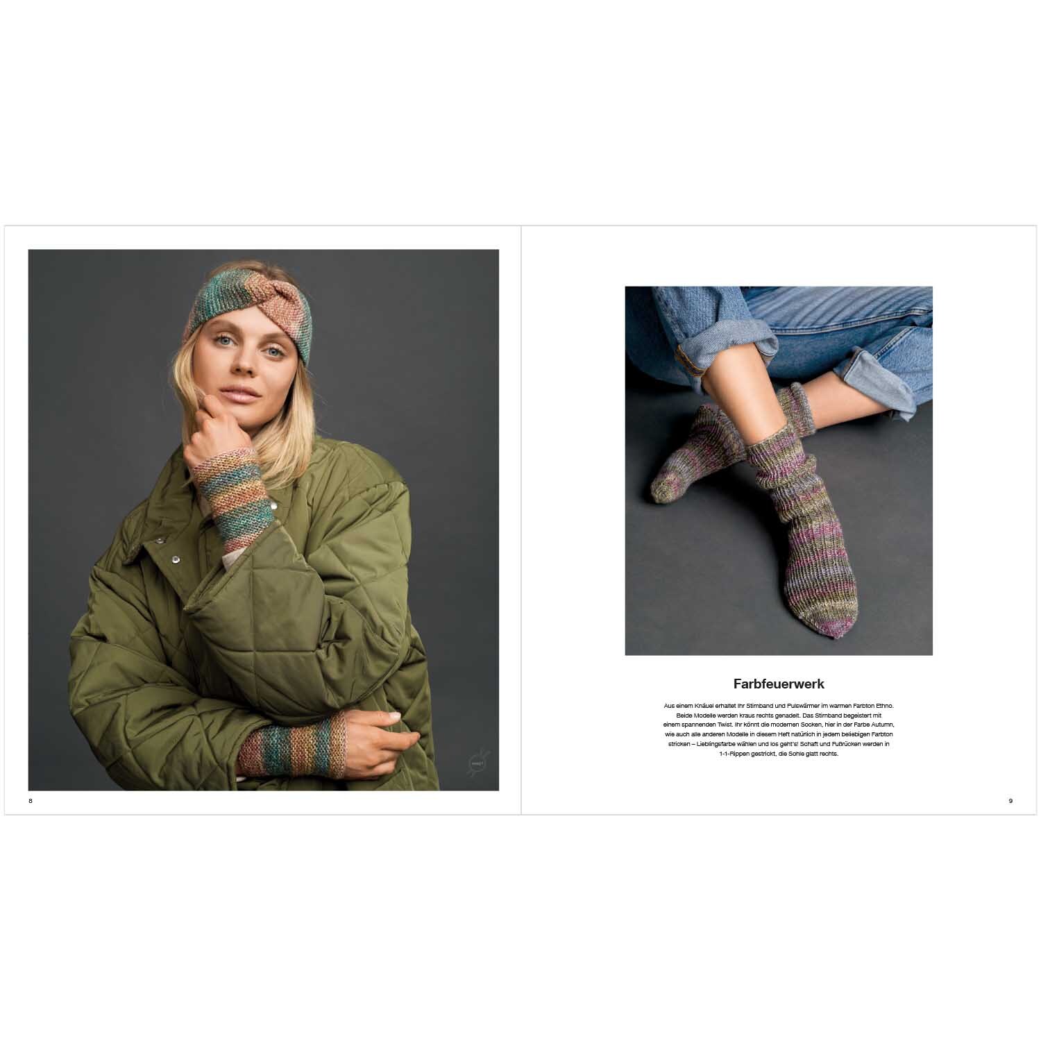 Superba Easy 8 Knits: Frau trägt gestrickte Mütze und Handschuhe in Erdtönen, kombiniert mit olivgrüner Jacke.
