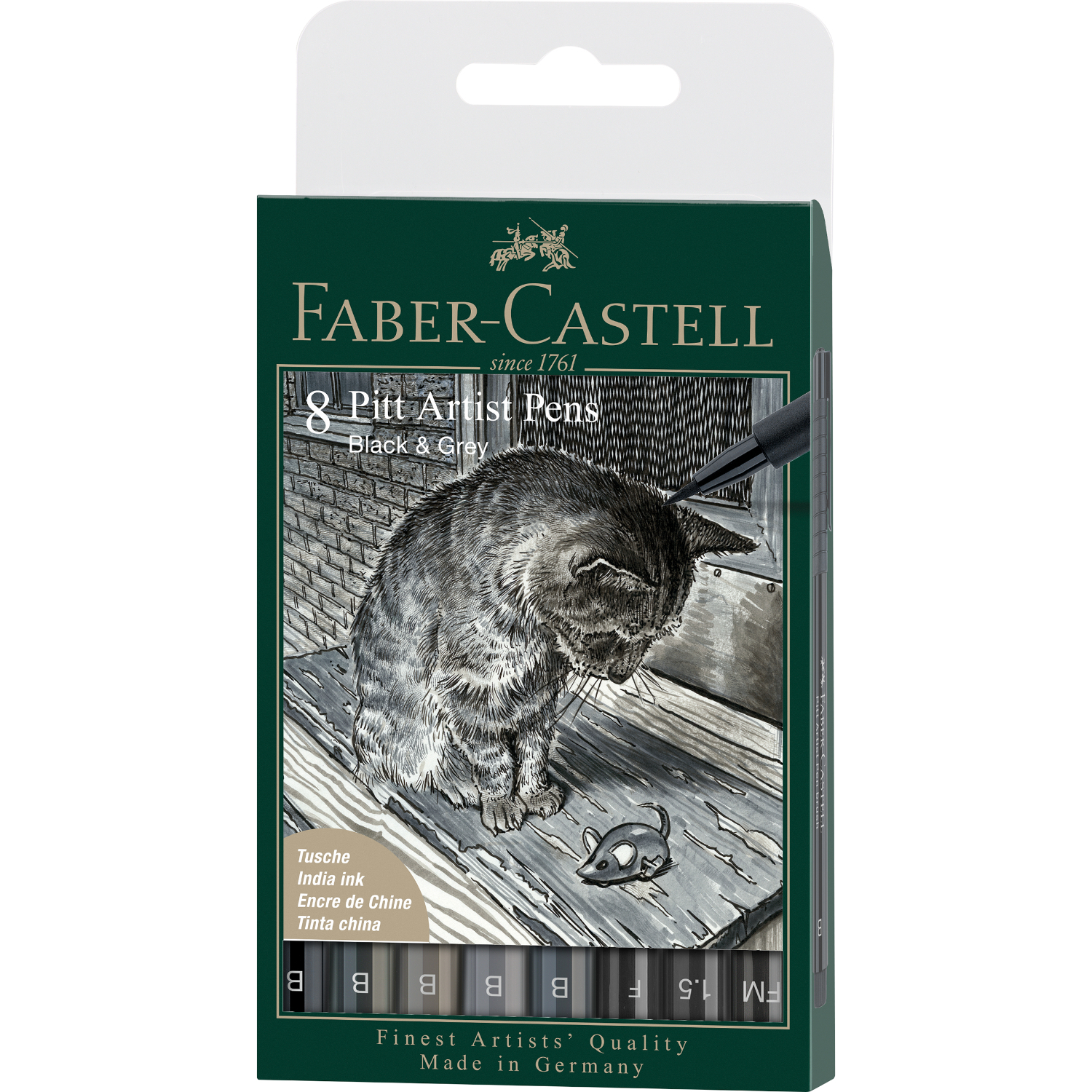 Pitt Artist Pen Tuschestift Set, 8-teilig, von Faber Castell in Schwarz und Grau, ideal für Künstler.