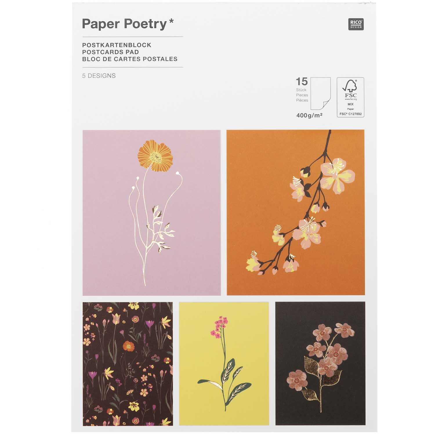 Paper Poetry Postkartenblock Blumen mit 15 Karten, zeigt florale Designs auf buntem Hintergrund.