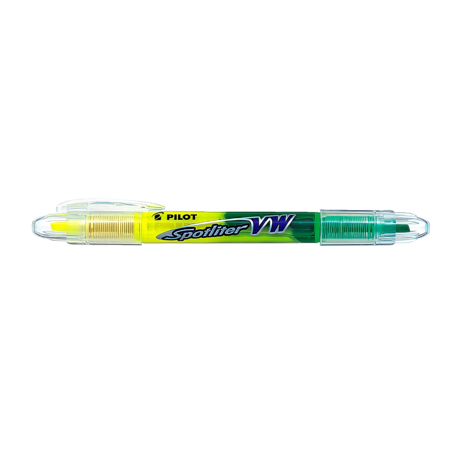 Spotliter Textmarker von PILOT in Gelb und Grün, doppelseitig mit transparentem Gehäuse.