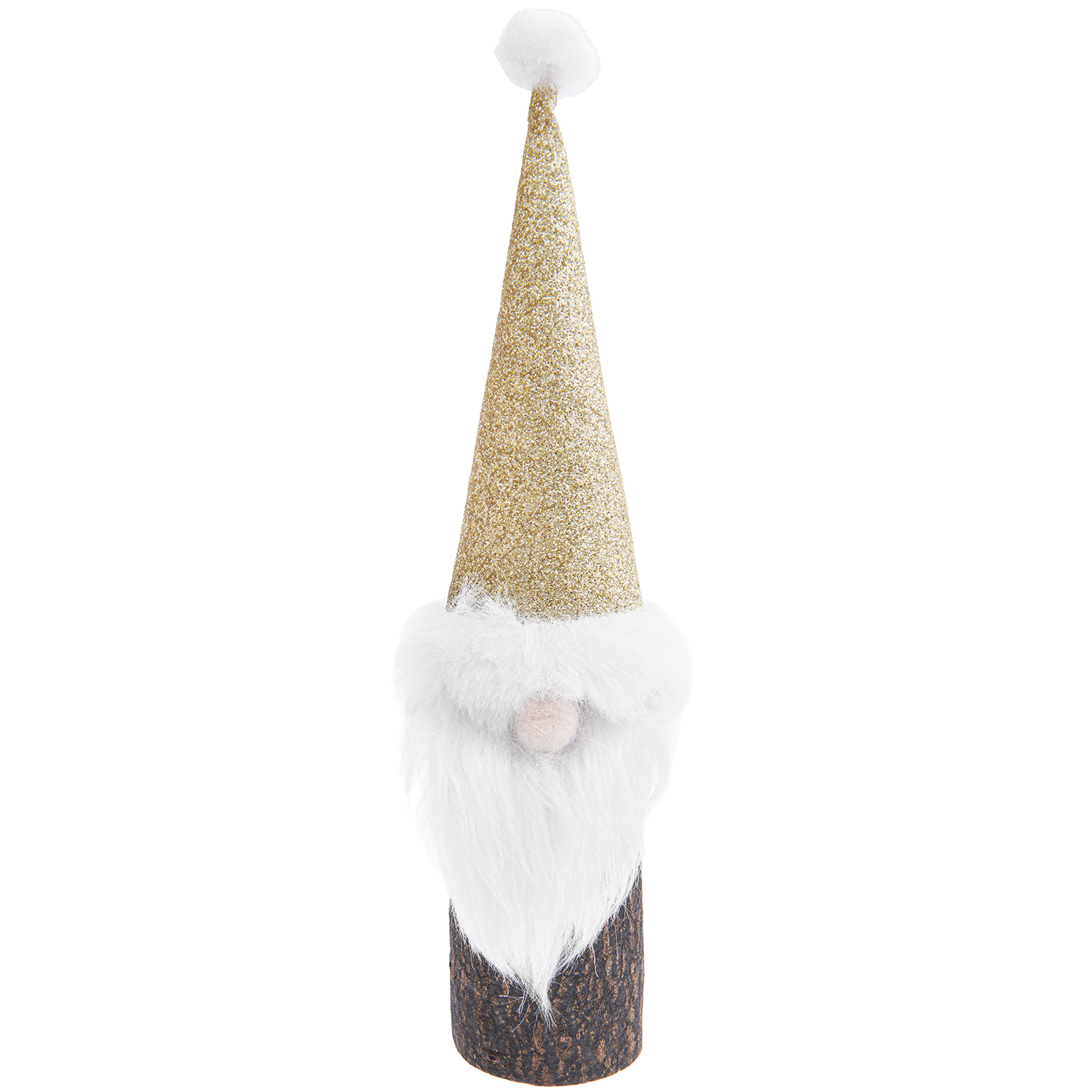 Baumstamm-Wichtel mit langem, glitzerndem Hut in Gold von Rico Design, aufrecht stehend.