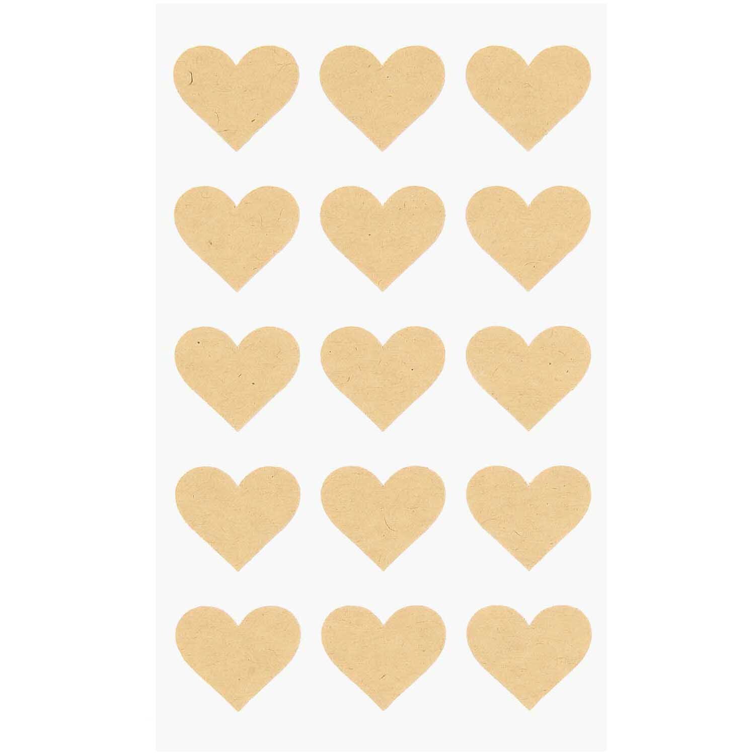 Paper Poetry Kraftpapier Sticker Herzen zeigen 15 braune Herzsticker von Rico Design auf weißem Hintergrund.