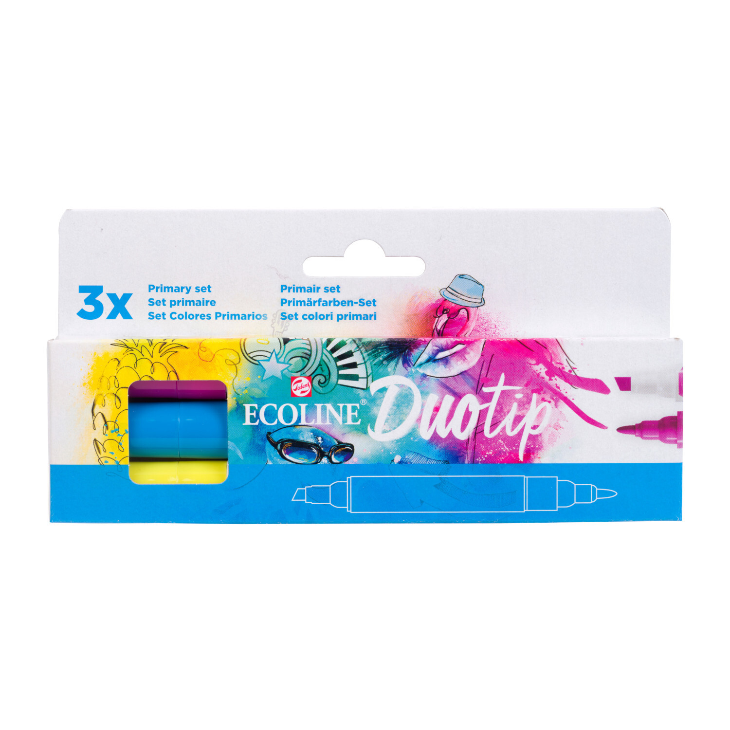 Ecoline Duotip Set Primärfarben von ROYAL TALENS, 3 Stifte in leuchtenden Farben, ideal für kreative Projekte.