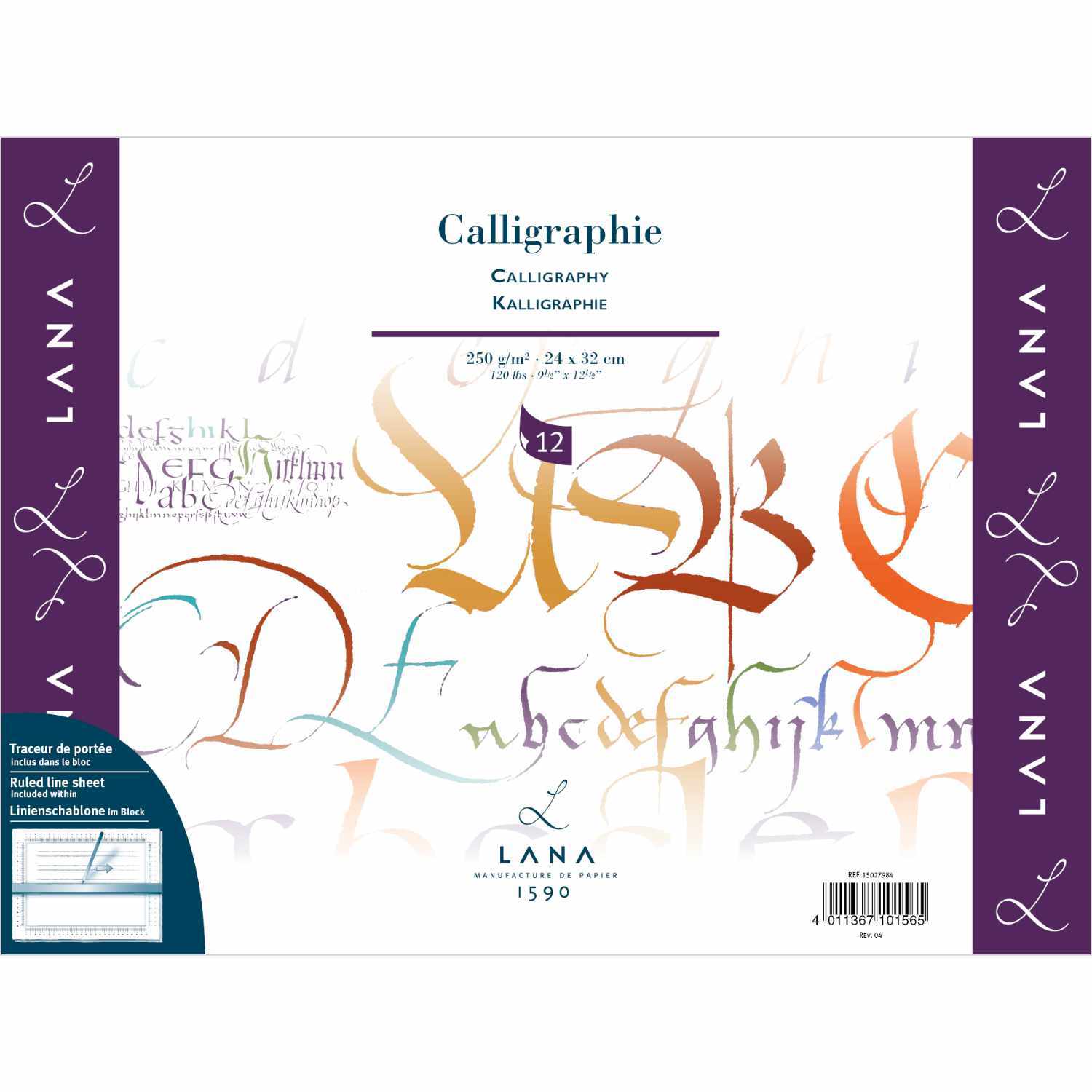 Calligraphieblock mit 12 Blättern, 250g/m², 24x32cm. Bunte kalligrafische Buchstaben auf dem Cover. Marke: Hahnemühle.