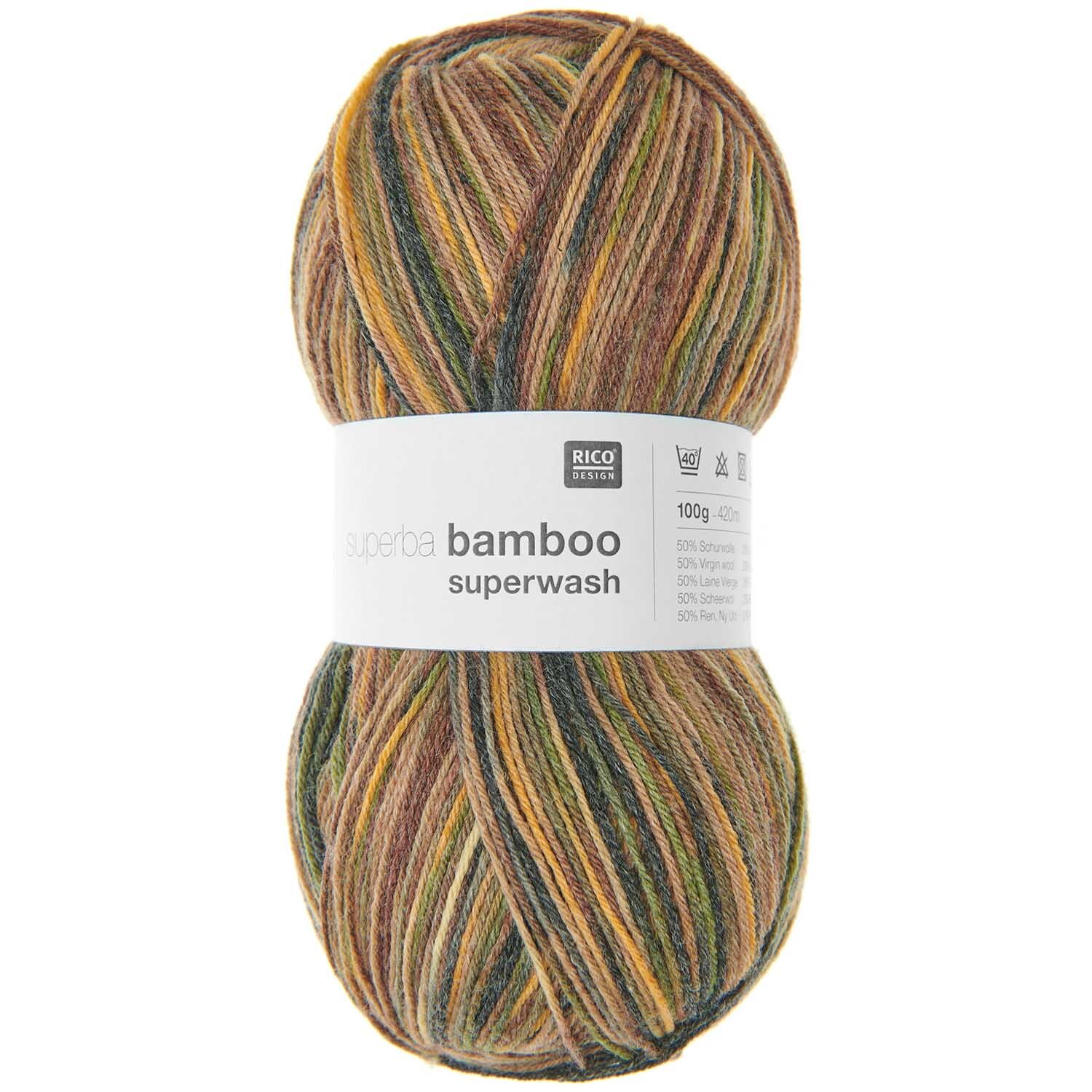 Superba Bamboo superwash Garn von Rico Design in Erdtönen, 100g Knäuel, ideal für Strickprojekte.