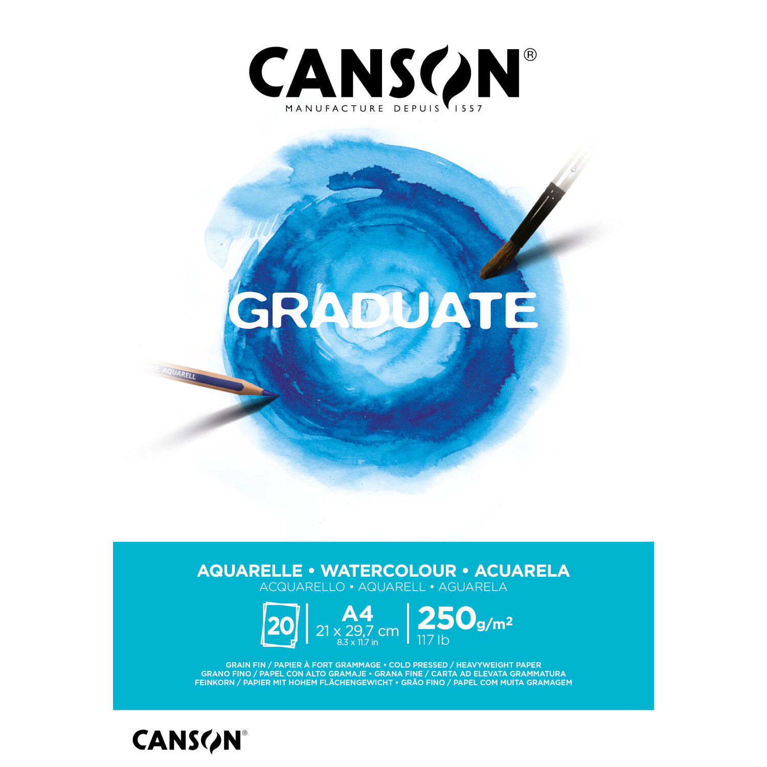 Graduate Aquarellpapier DIN A4 20 Blatt 250 g zeigt blaues Aquarell-Design mit zwei Pinseln. Marke: Canson.