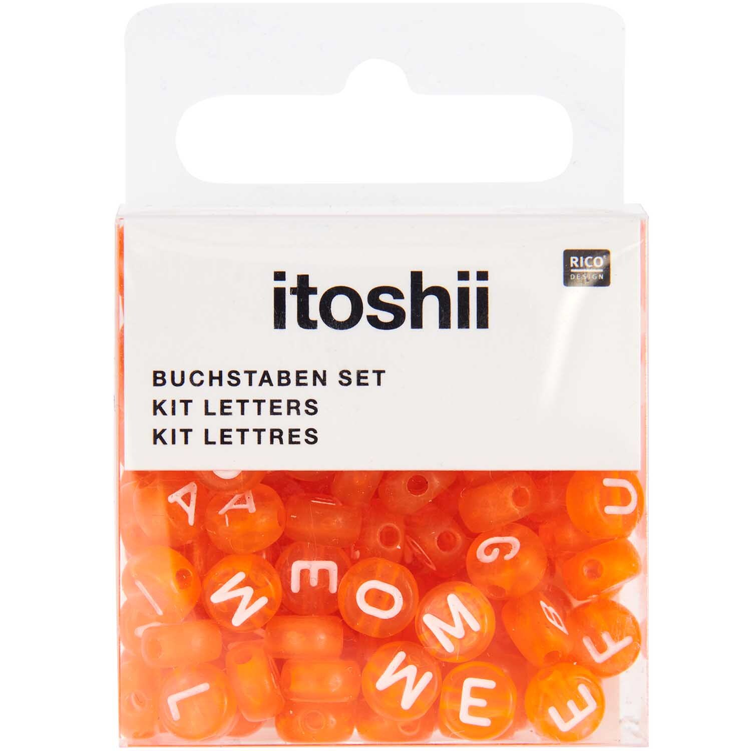 itoshii Perlen Buchstaben-Mix in Orange, 165 Stück, von Rico Design, in einer transparenten Verpackung.