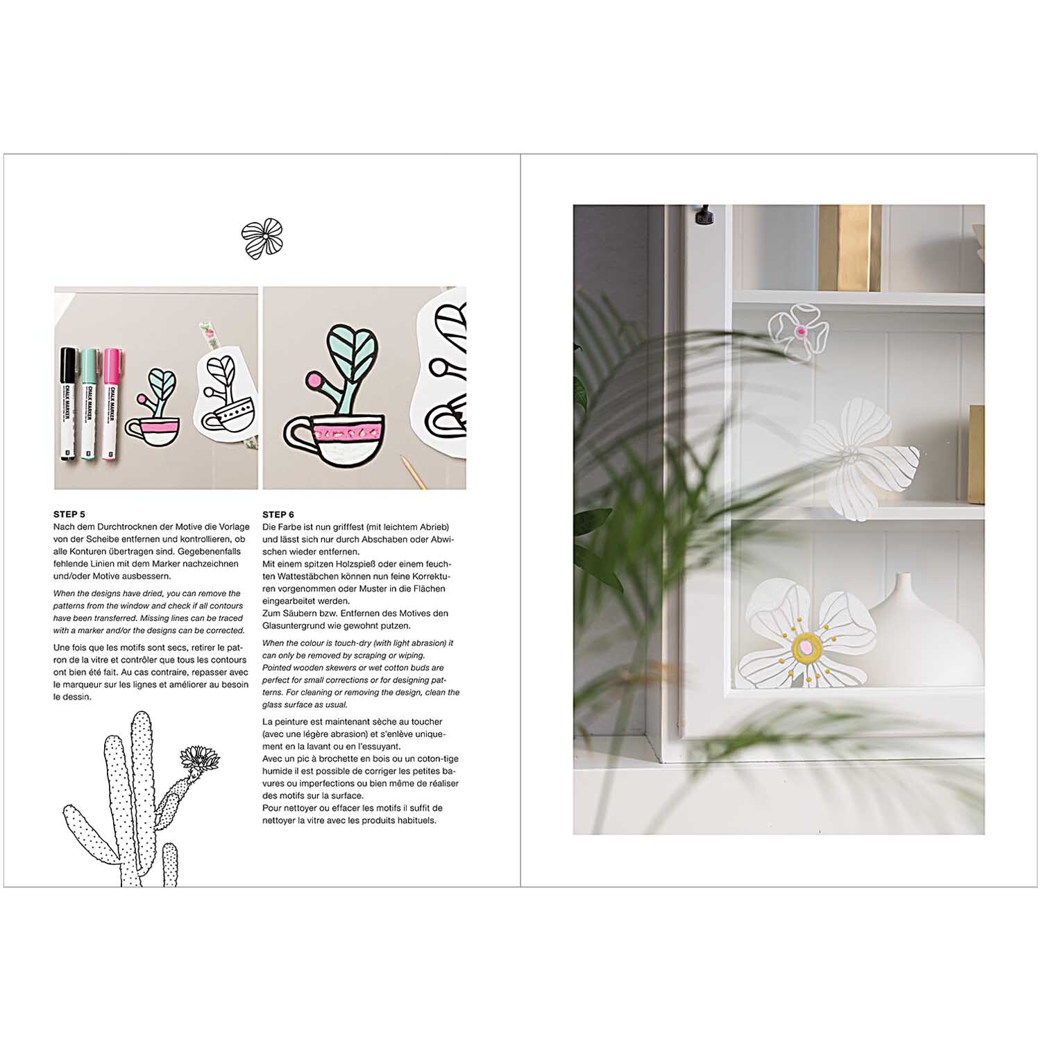 Vorlagenmappe Hygge Fenster- und Glasmalerei zeigt kreative Designs mit Kreidestiften von Rico Design, ideal für dekorative Glasprojekte.