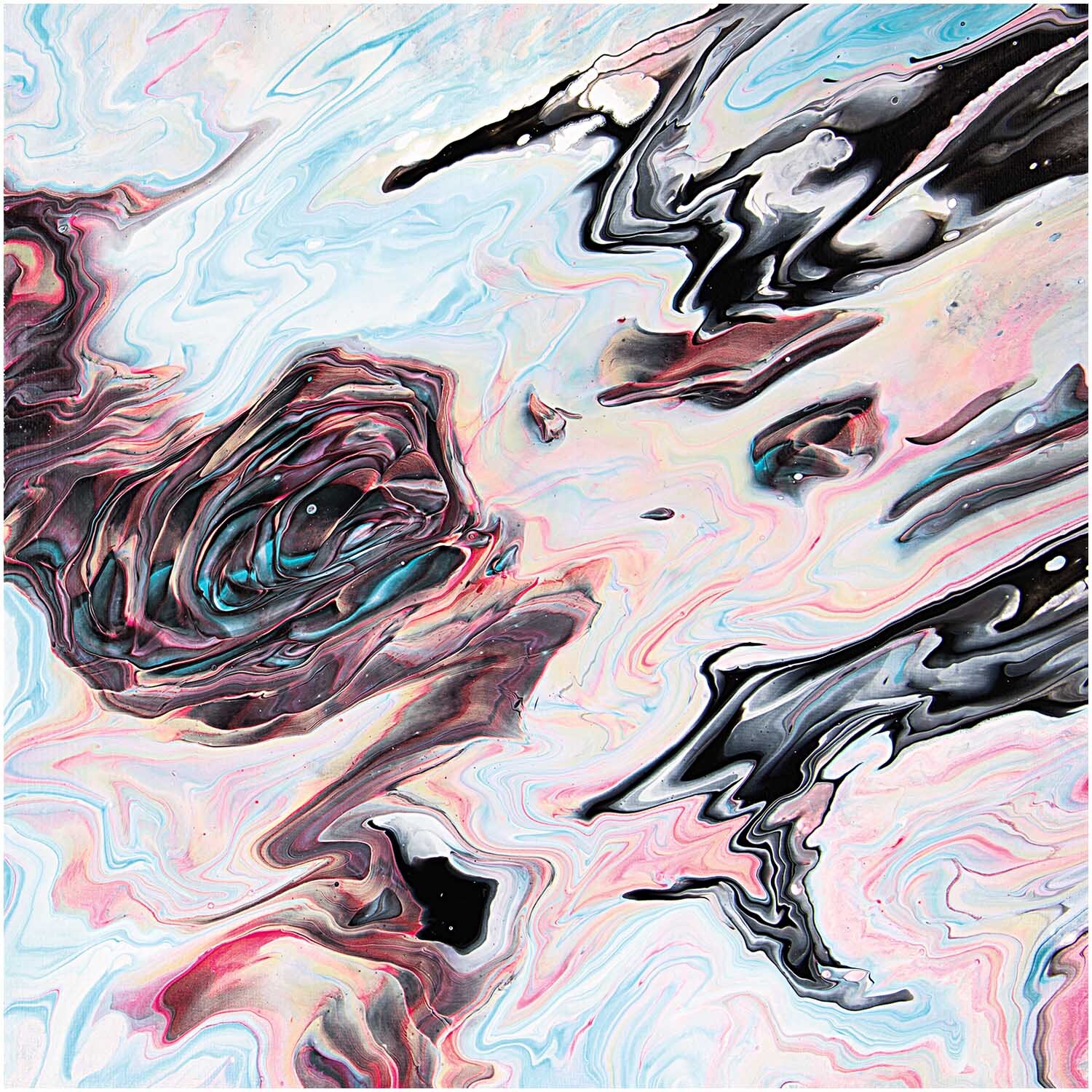 Pouring Medium matt: Abstrakte Kunst mit fließenden Farben in Rosa, Blau und Schwarz.