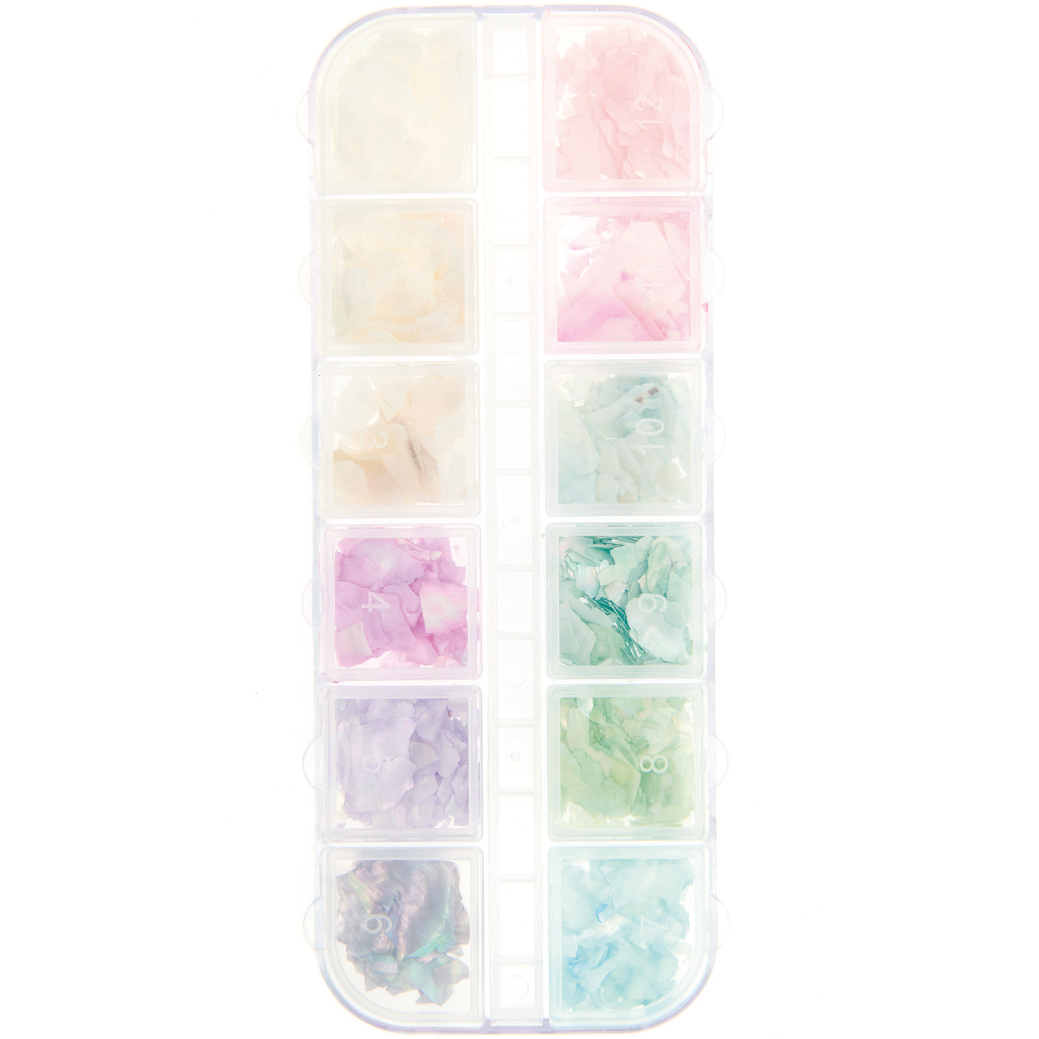 Füllmaterial für Resin Muschelsplitter in Pastellfarben von Rico Design, sortiert in einer transparenten Box.