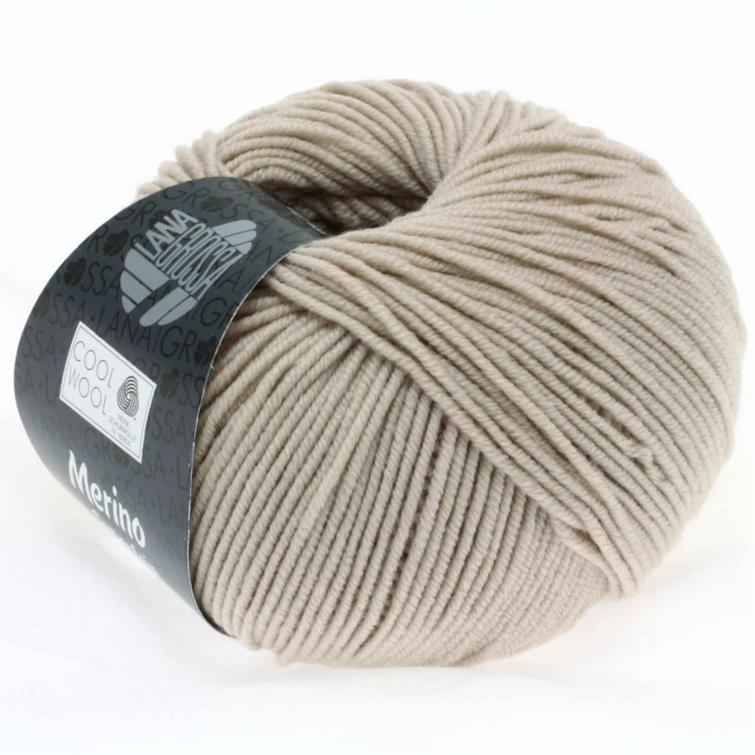 Cool Wool: Beigefarbene Merinowolle von Lana Grossa, 50g Knäuel mit 160m Länge, ideal zum Stricken.