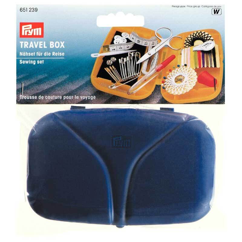 Travel Box Nähset Größe M mit Nähutensilien in einer kompakten, violetten Box von Prym. Ideal für unterwegs.