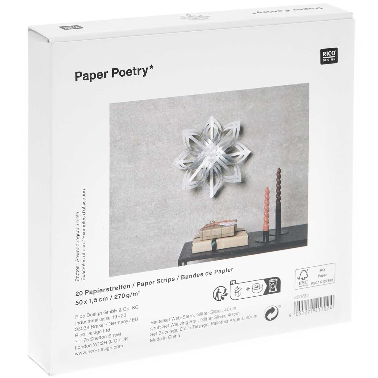 Paper Poetry Web-Stern Größe M 270g/m2: Ein silberner, glitzernder Papierstern von Rico Design an einer Wand.