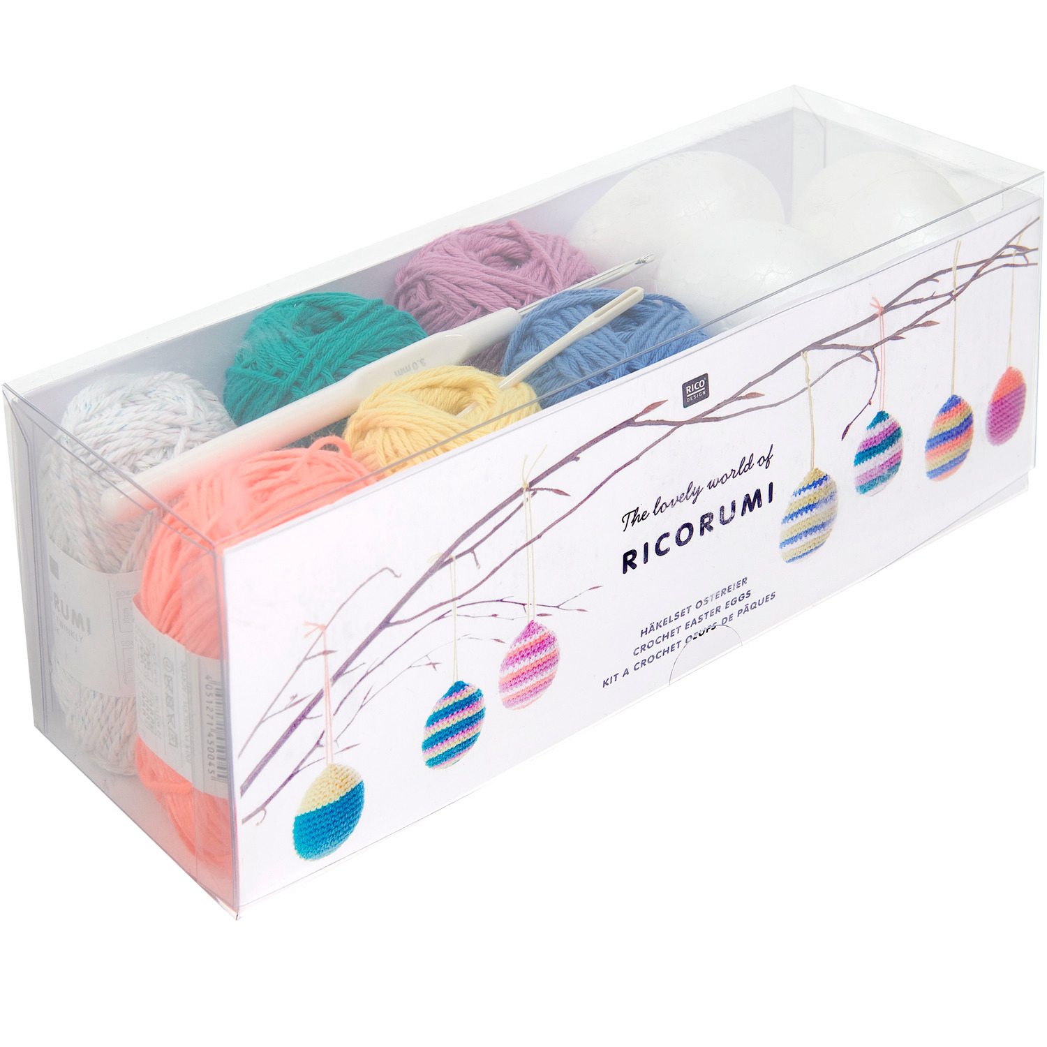 Häkelset Ricorumi Ostereier classic: 15-teiliges Set mit bunten Garnen und Häkelnadel in transparenter Box. Ideal für kreative Osterdekorationen.
